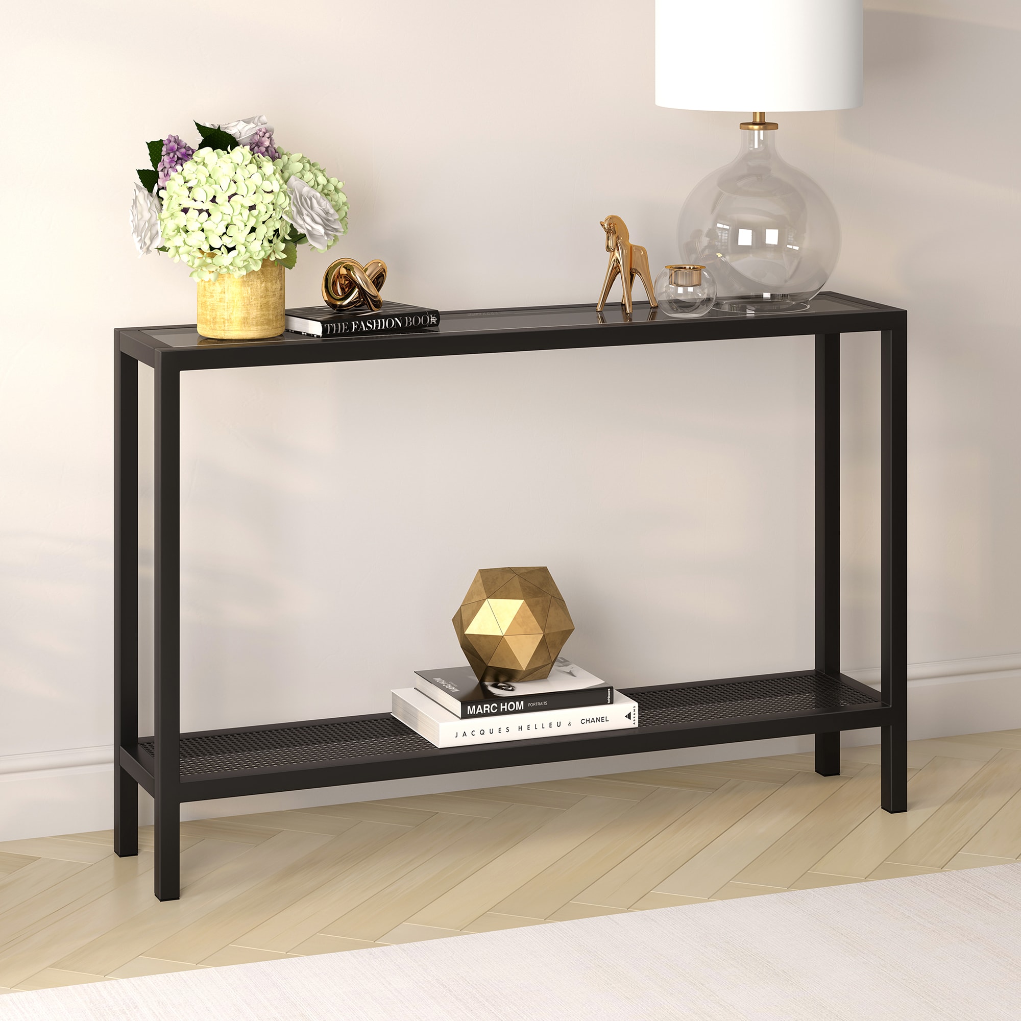 Evelyn&Zoe 46" Blackened Bronze Metal & Glass Console Table with Storage
