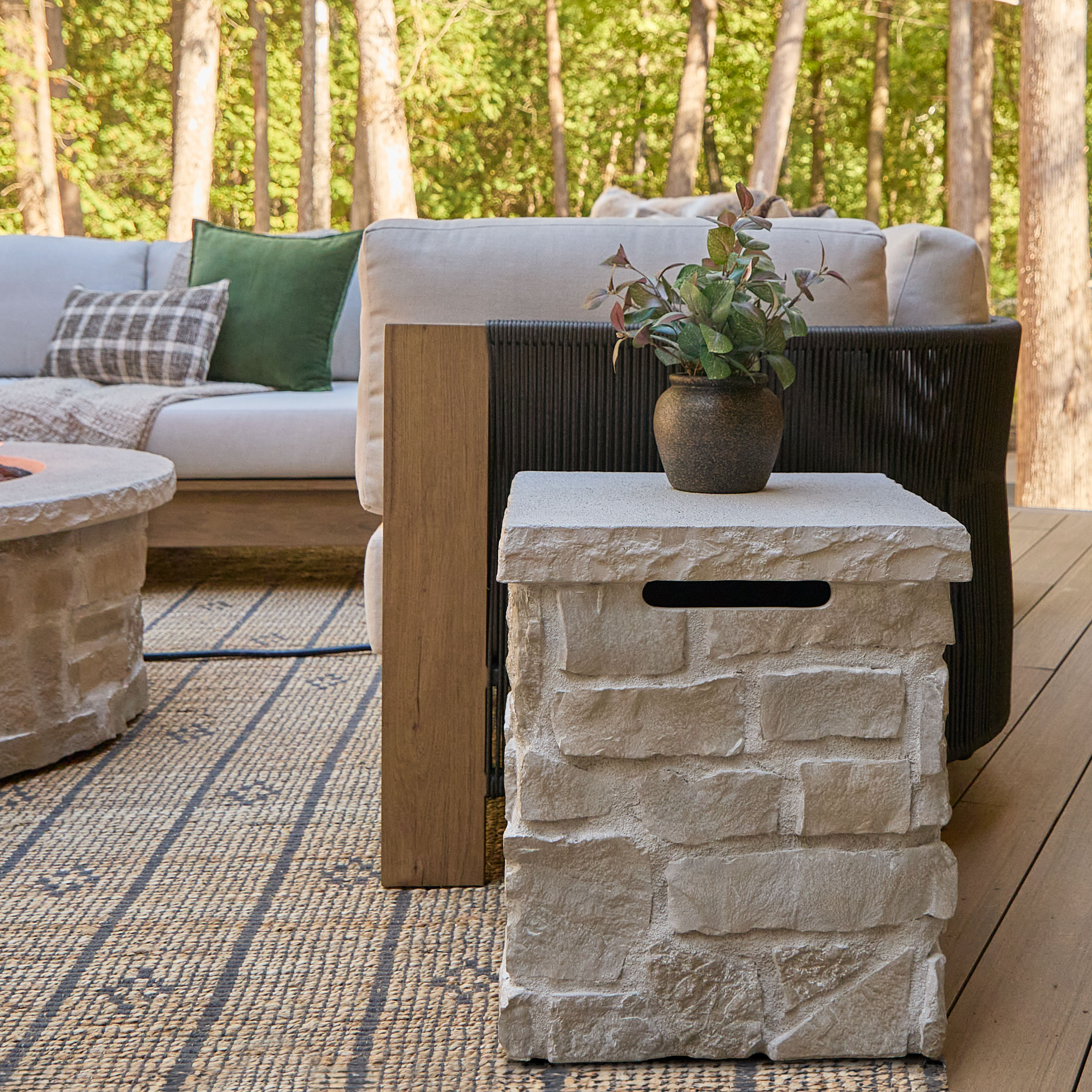 Real Flame 13094-BGE Scottsdale 20 in  Square Stone Propane Tank Cover and Side Table in Beige