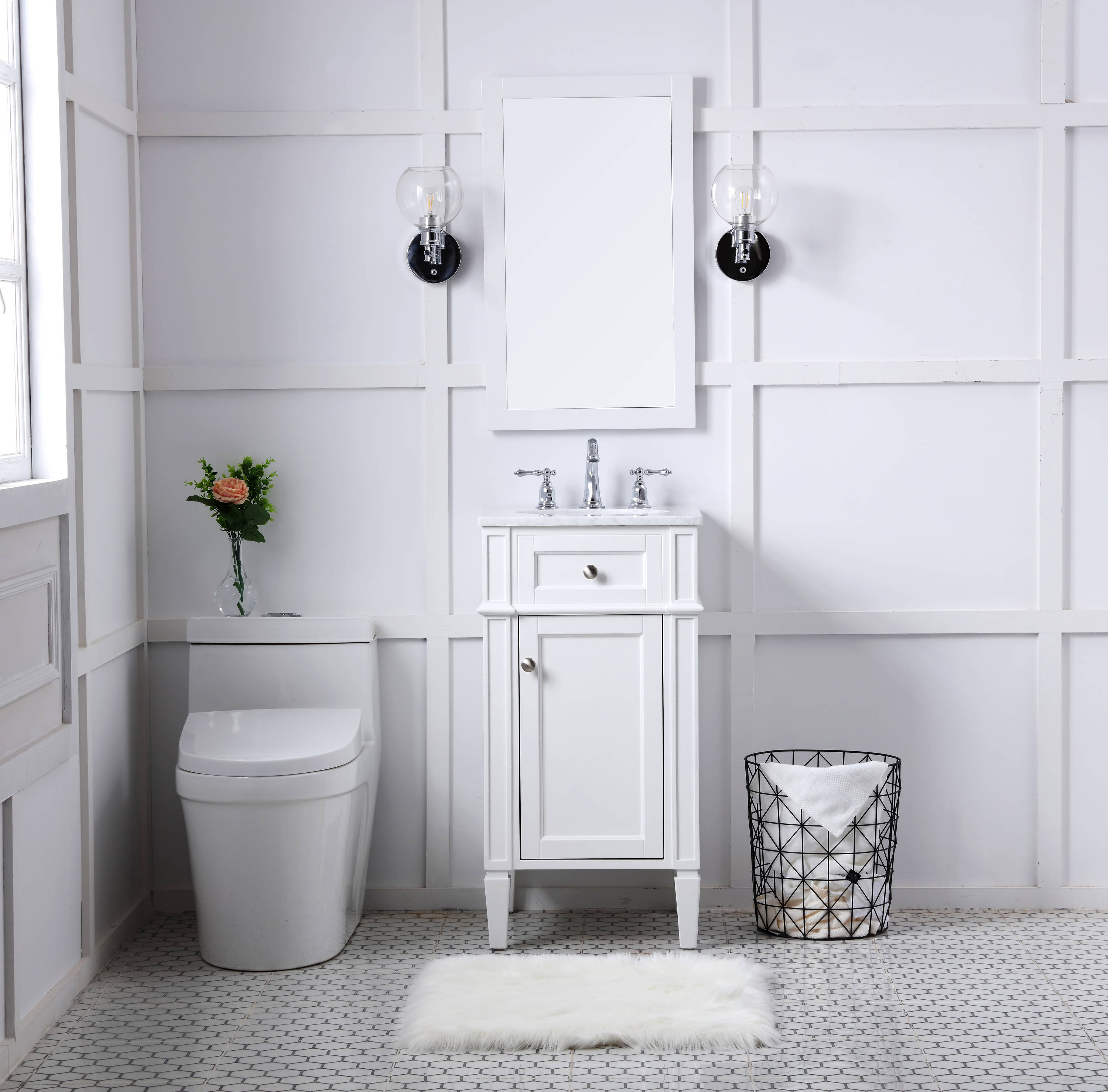 White Carrara Marble Single Sink Vanity with Storage Cabinet