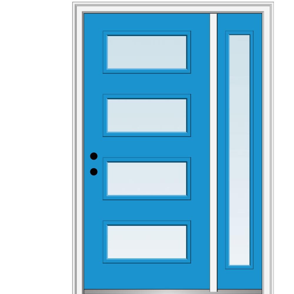 MMI DOOR ZZ348231R Spotlights 50-in x 80-in x Fiberglass Full lite Right-hand inswing Utah Blue Painted Prehung Single door with right sidelight Front Door with Brickmould Insulating core Clear glass