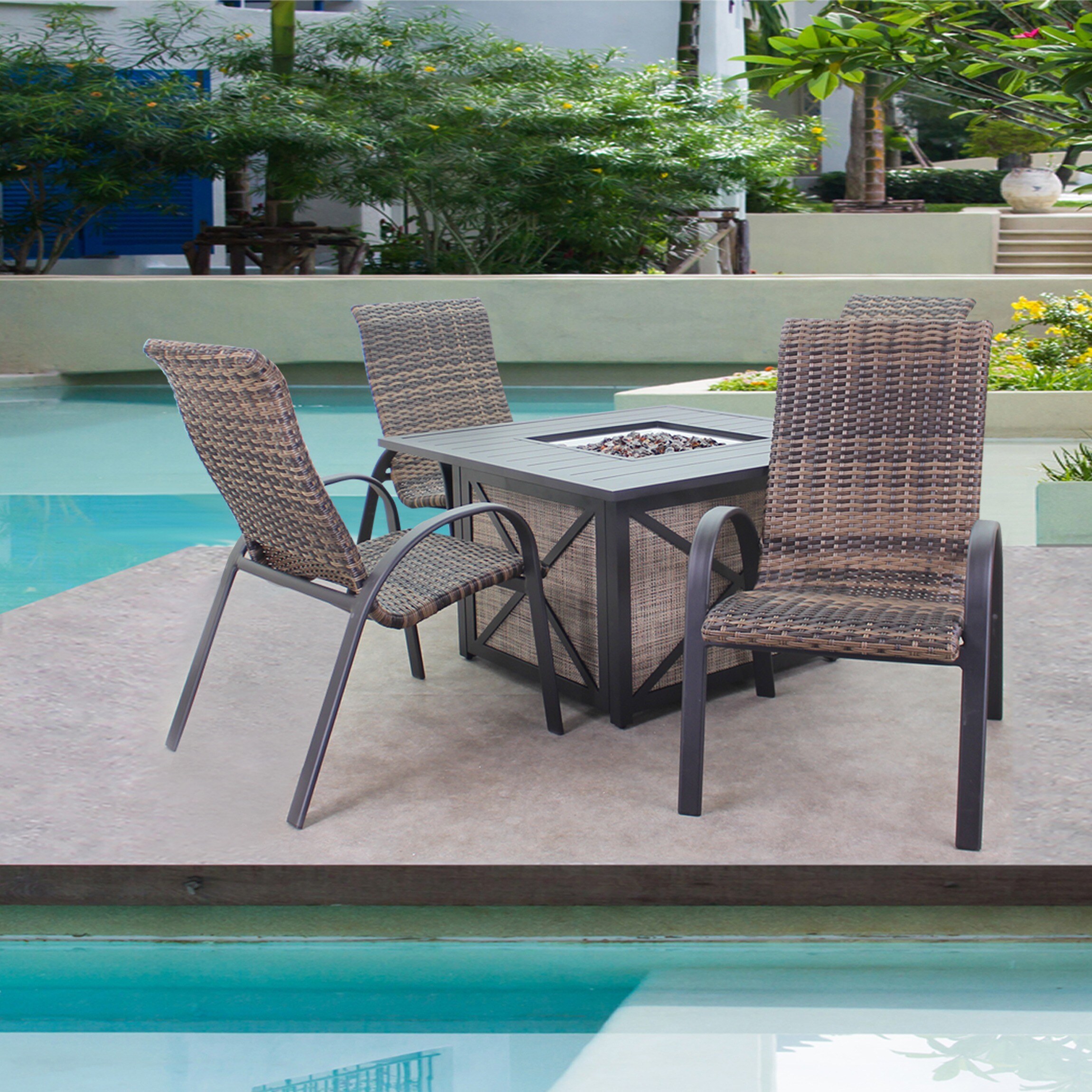 Courtyard Casual 5697 Santa Fe - Java 5 -Piece Java Brown Patio Dining Set Aluminum Square Table with 4 Stackable Stationary Chairs Fire Pit Included