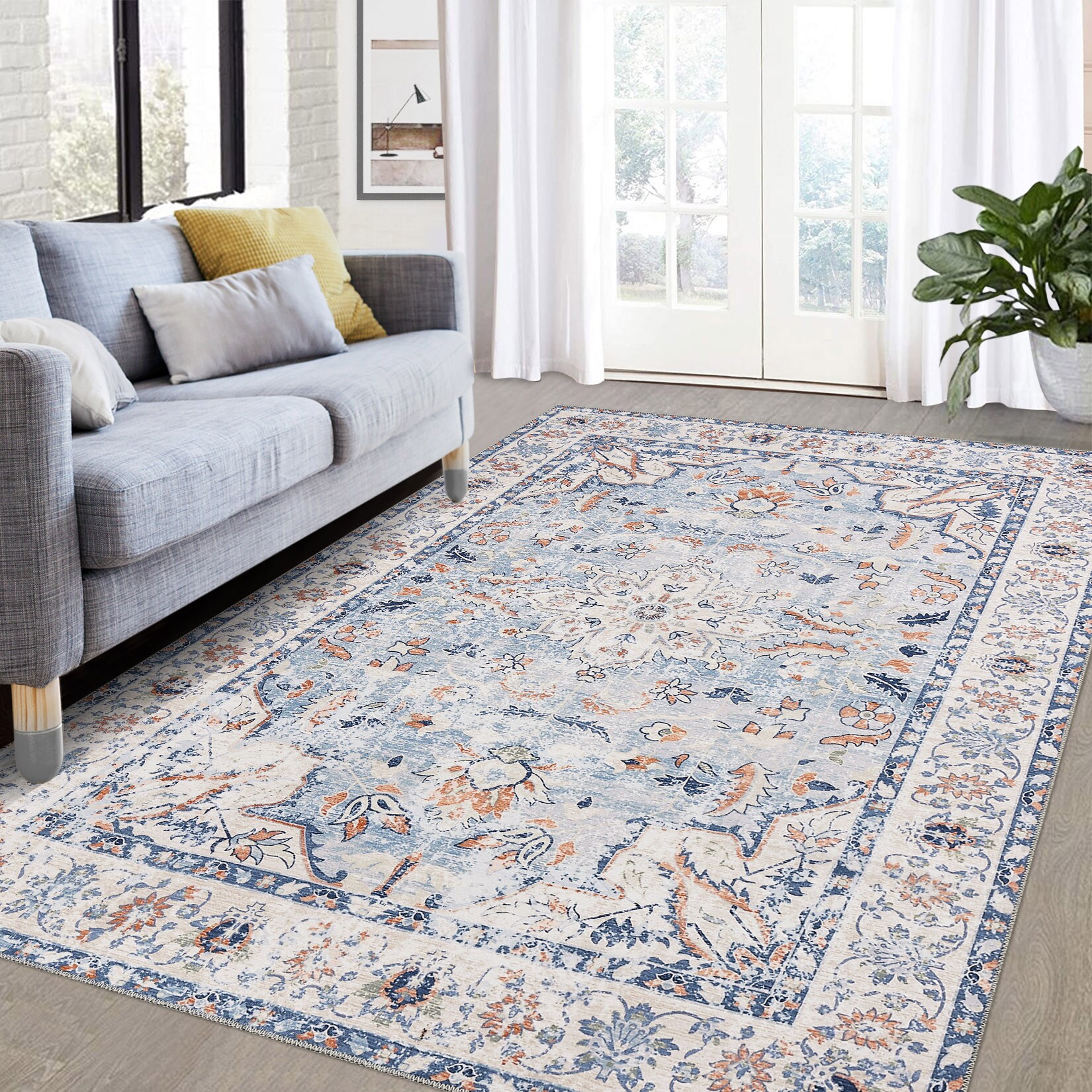 Garvee YXY-LO-PHO-0ZH3JOTT 9 x 12 (ft) Loomed Light Blue Rectangular Indoor Floral/Botanical Vintage Machine washable Area rug