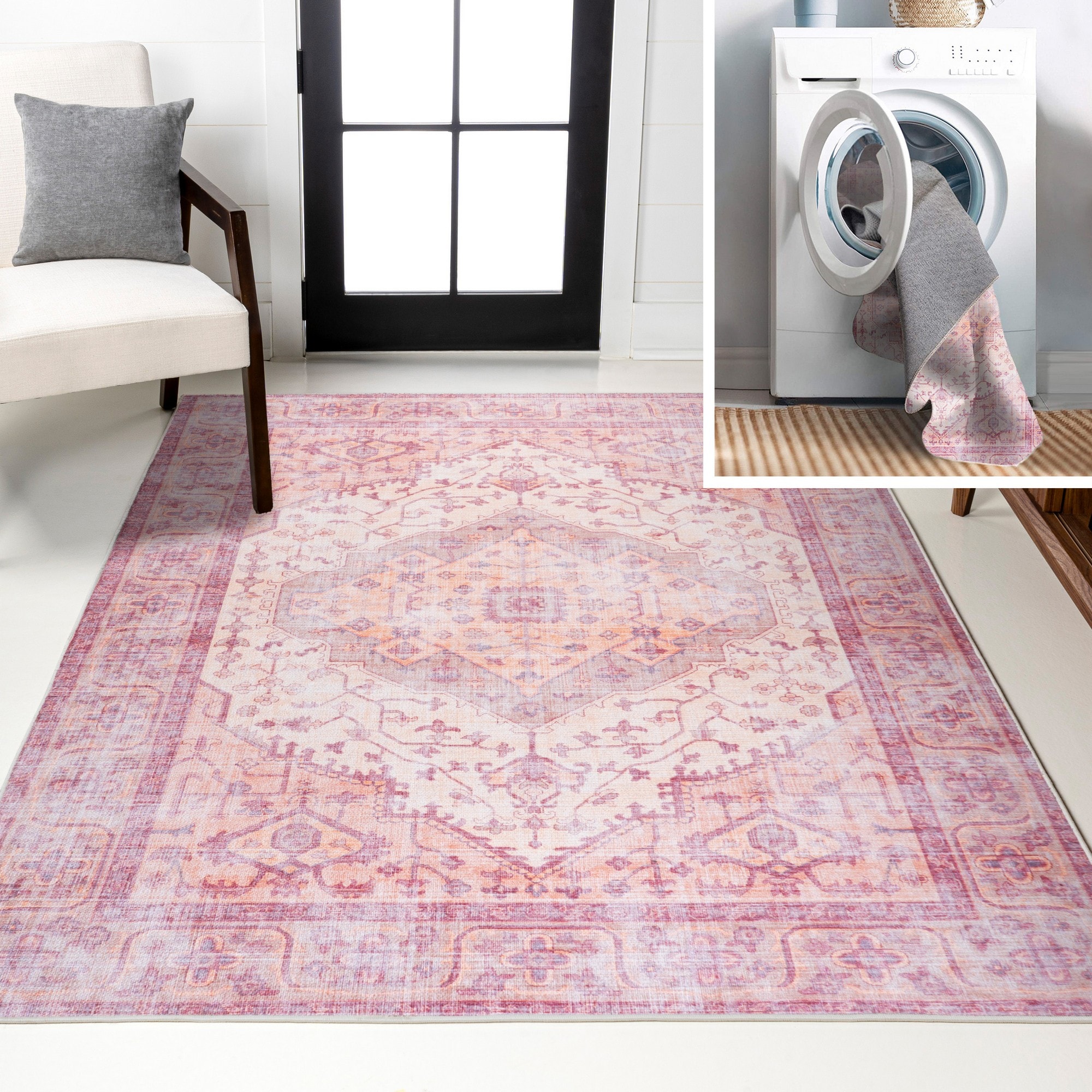 JONATHAN  Y WSH103A-8 WASHABLE Alacati Ogee Medallion 8 x 10 (ft) Loomed Polypropylene Red/Orange/Cream Rectangular Indoor Border Bohemian/Eclectic Machine washable Area rug