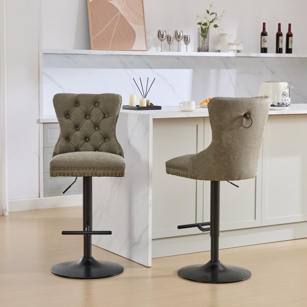 Maison Boucle LIOR-BAR-GREEN Set of 2 Green PU Swivel Bar Stools with Tufted Back 27.1-35 Inch Adjustable Height Bar Stools
