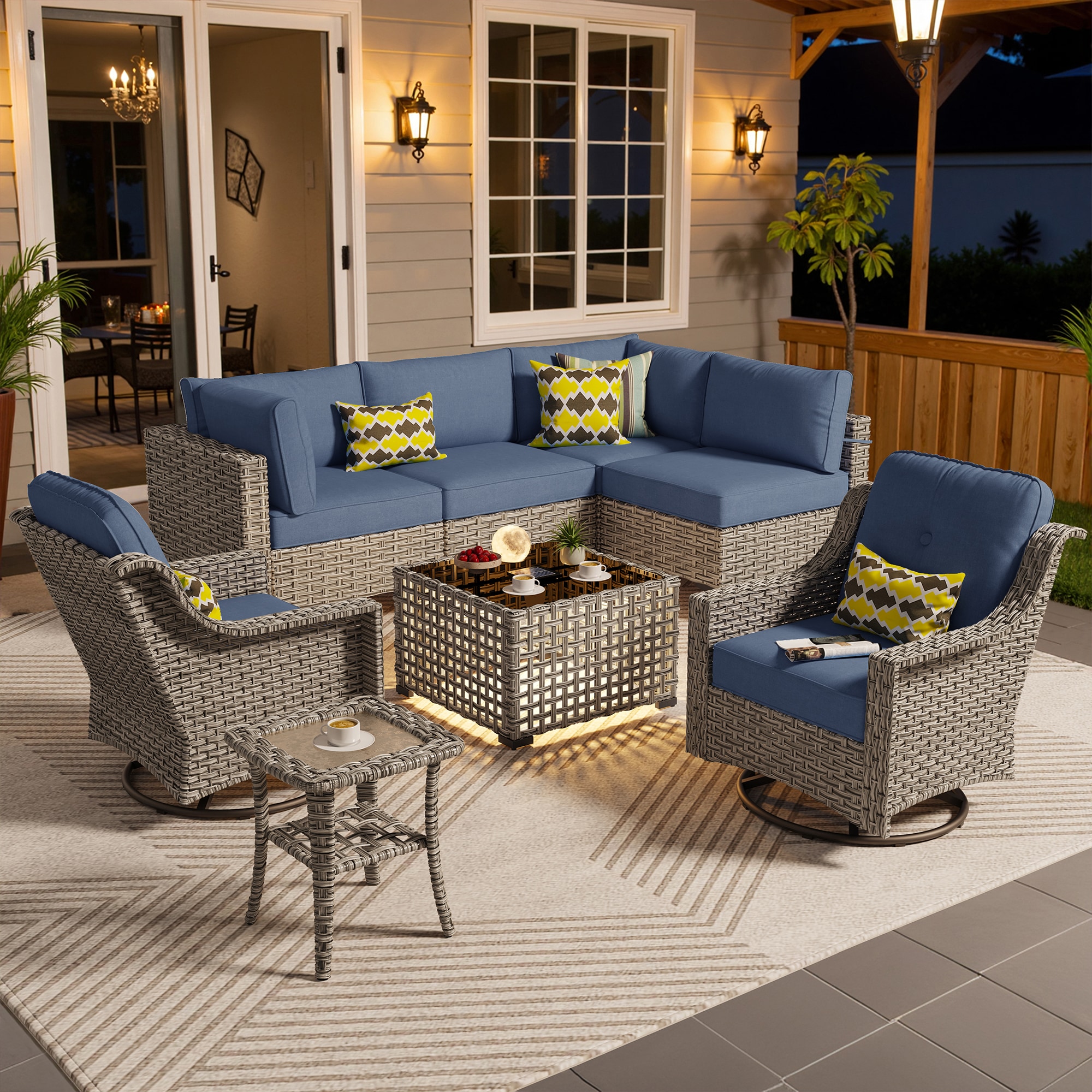 Ovios SK508YP 8 -Piece Wicker Patio Conversation Set with Blue Cushions