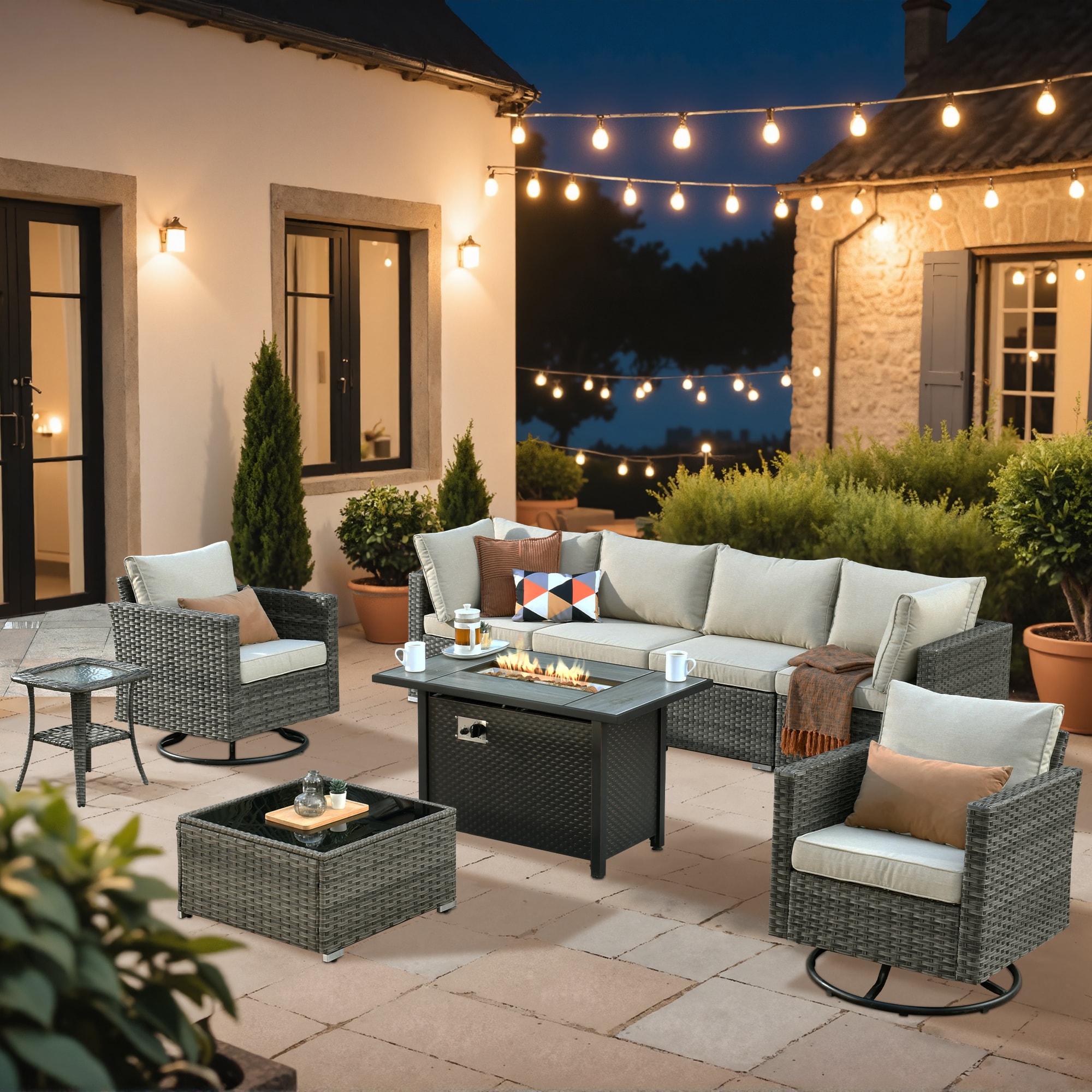 XIZZI XIHOPS6055-RC3IFP Sunrise Rattan Outdoor Sectional with Off-white Cushions and Steel Frame