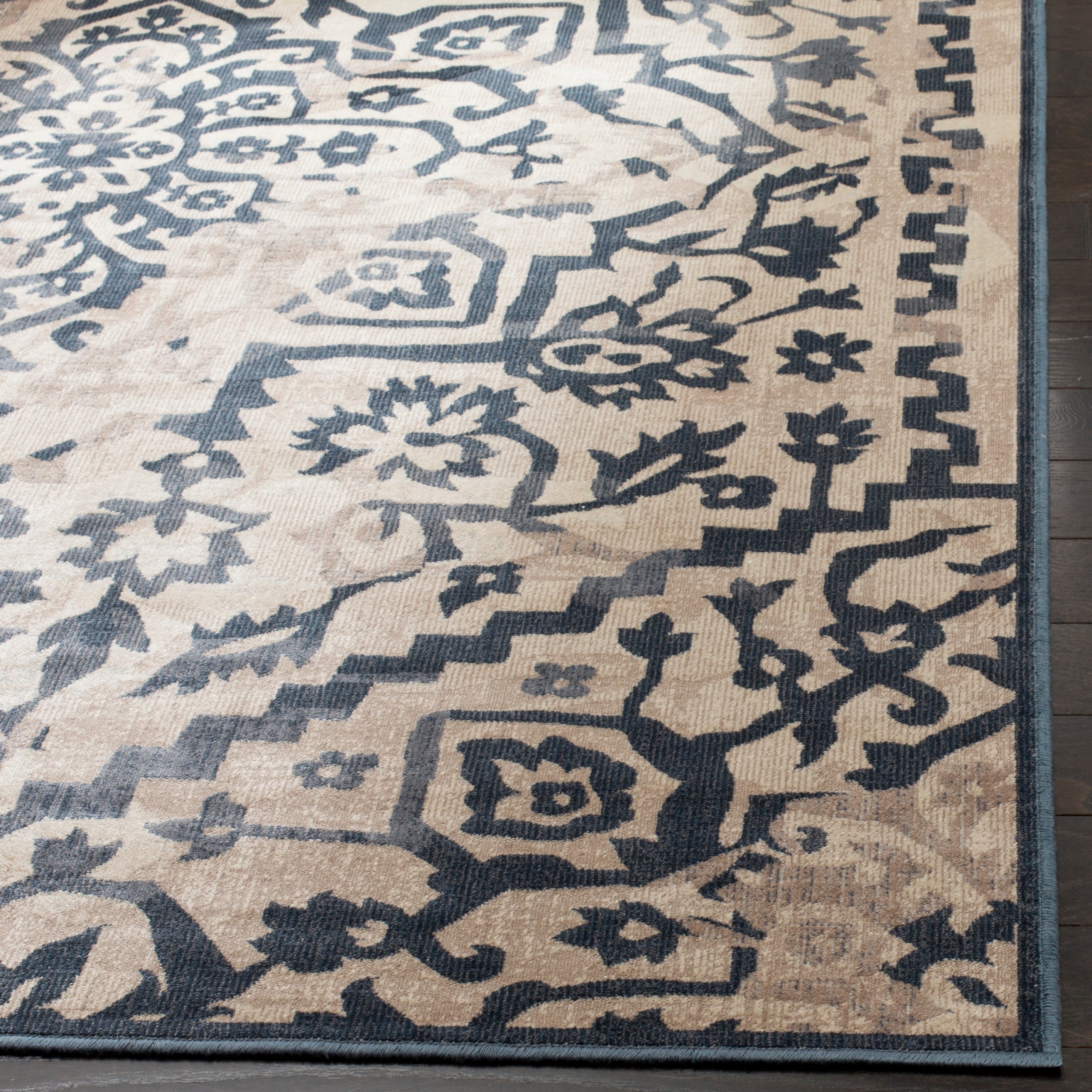 Vintage Cream and Blue Rectangular 9' x 12' Viscose Area Rug