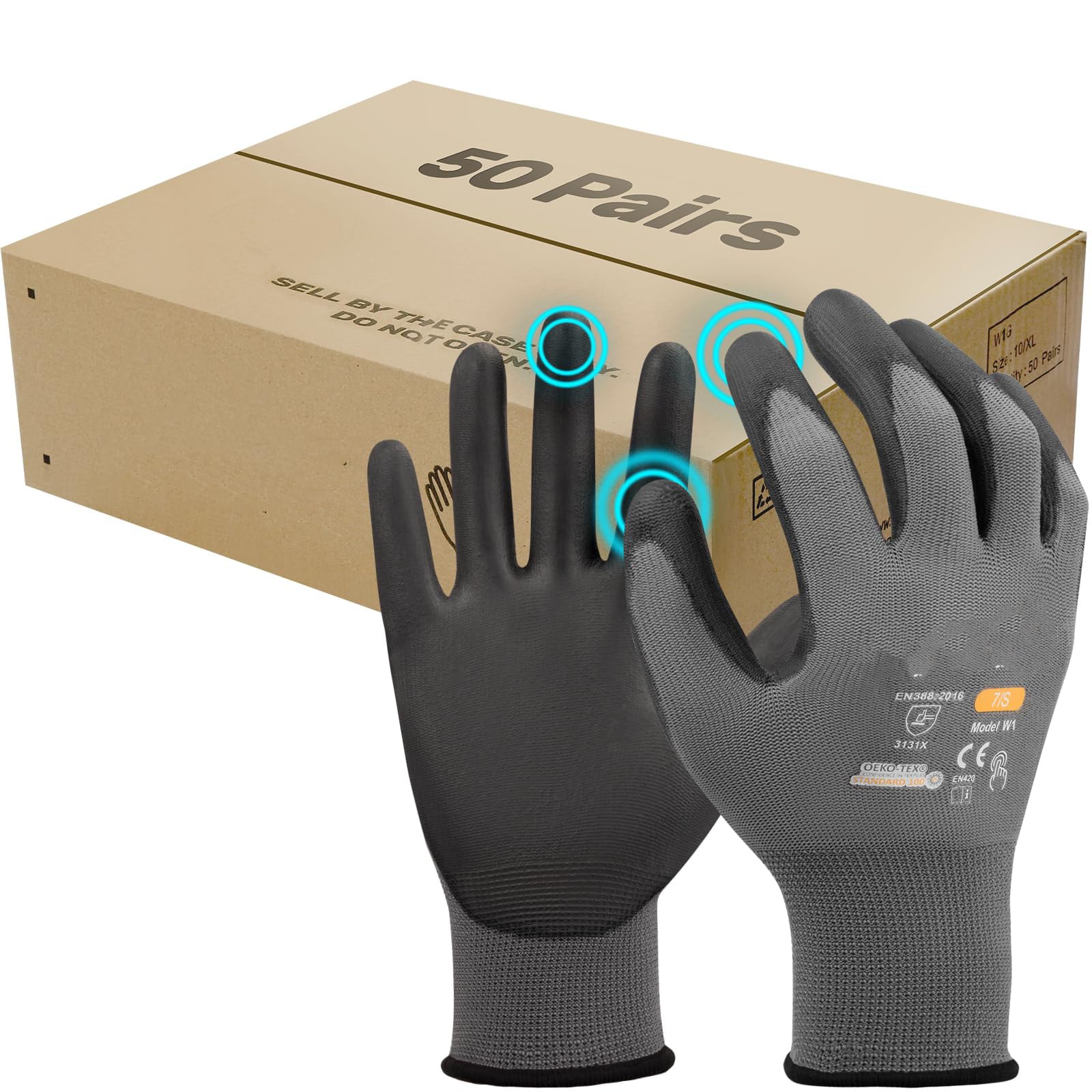 KIWDZFU  Work Gloves for Men and Women Touchscreen PU Coated Gloves with Grip 50 Pairs Bulk Pack Ideal for Warehouse Package Handling Construction