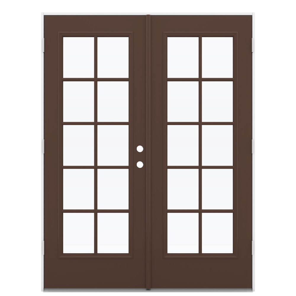 JELD-WEN 60-in x 80-in x 4-9/16-in Jamb Low-e External Grilles Dark Chocolate Steel French Right-Hand Outswing Double Patio Door in Brown -  LOWOLJW192600076