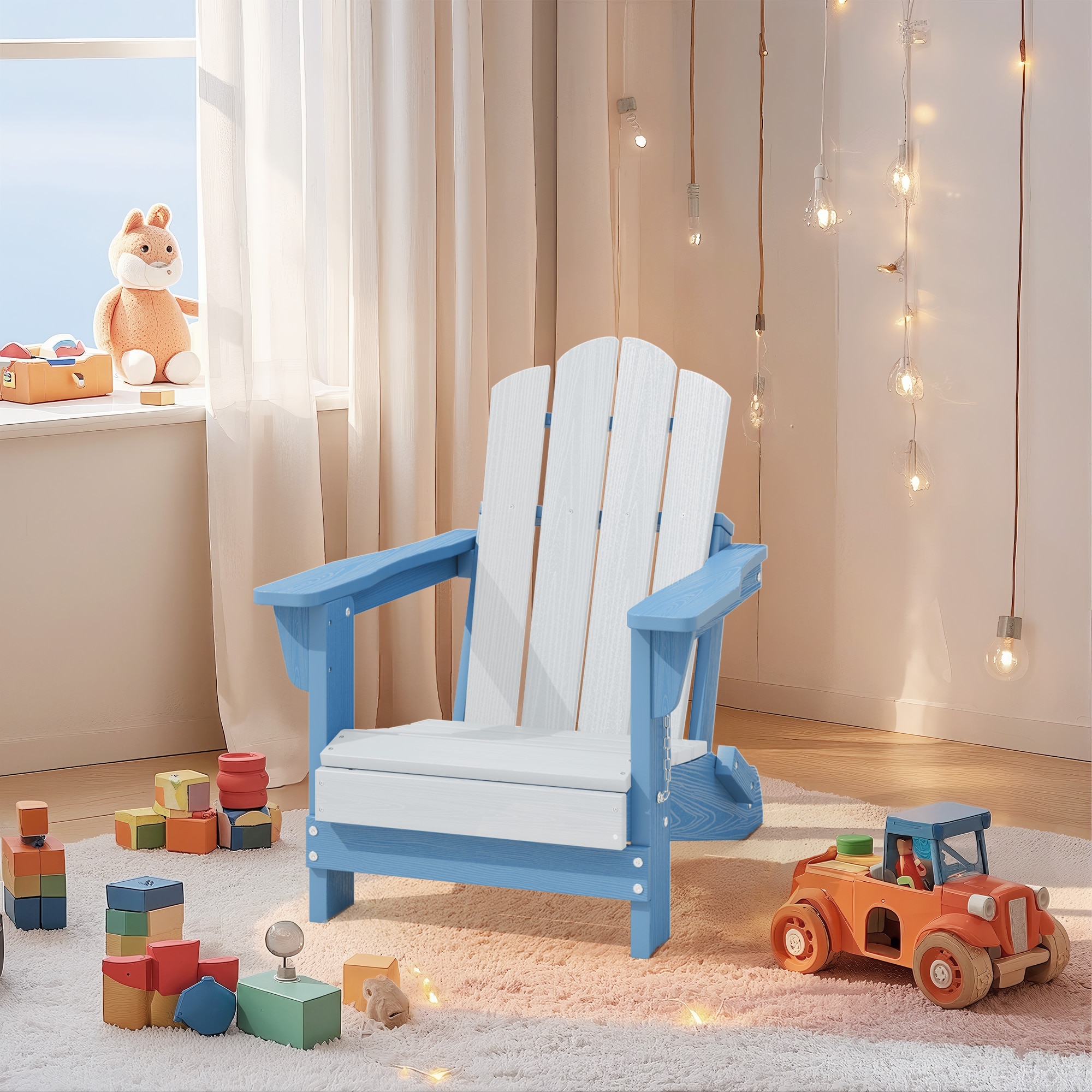 VOUA AK-CDYD-WB HDPE Folding Adirondack Chair Stackable Chair with Slat Seat Stackable Light Blue HDPE Frame Stationary Adirondack Chair with Slat Seat