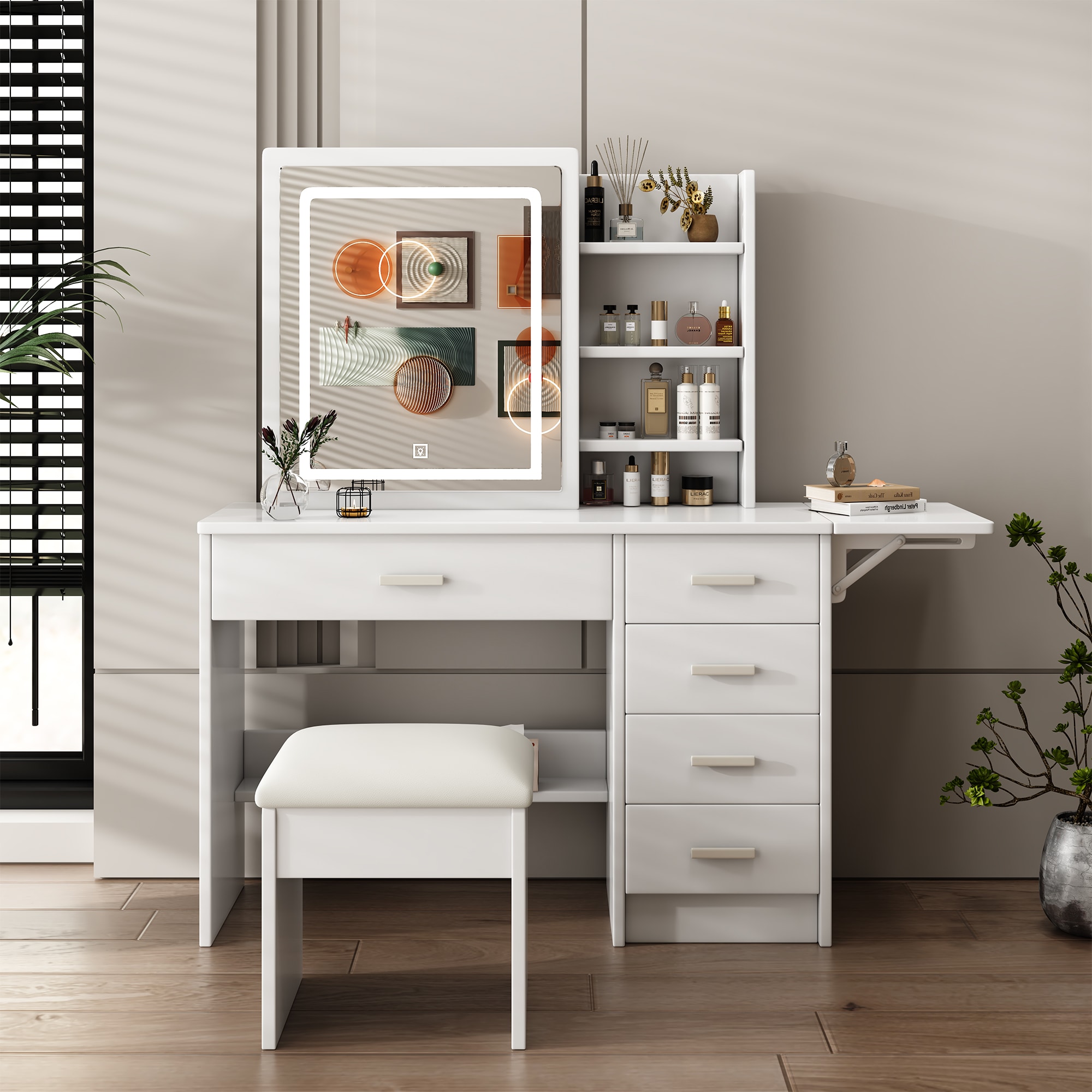 LOVMOR SF-M-W509P173272 Fashion Vanity Desk with Mirror and Lights for Makeup with open shelves and Chair Vanity Mirror with Lights and Table Set with 3 Color Lighting Brightness Adjustable 5 Drawers White Color