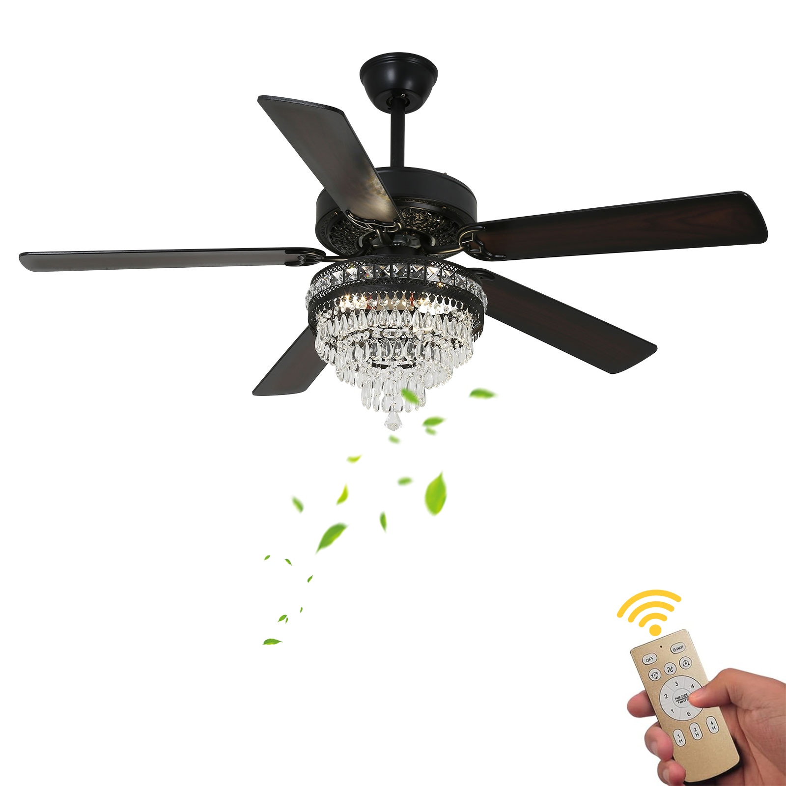 Oukaning HG-HCX-2235 52-in Crystal Reverse Black with Wood Blades Chandelier Ceiling Fan Light Kit Compatible - Remote Included ( 5 -Blade )