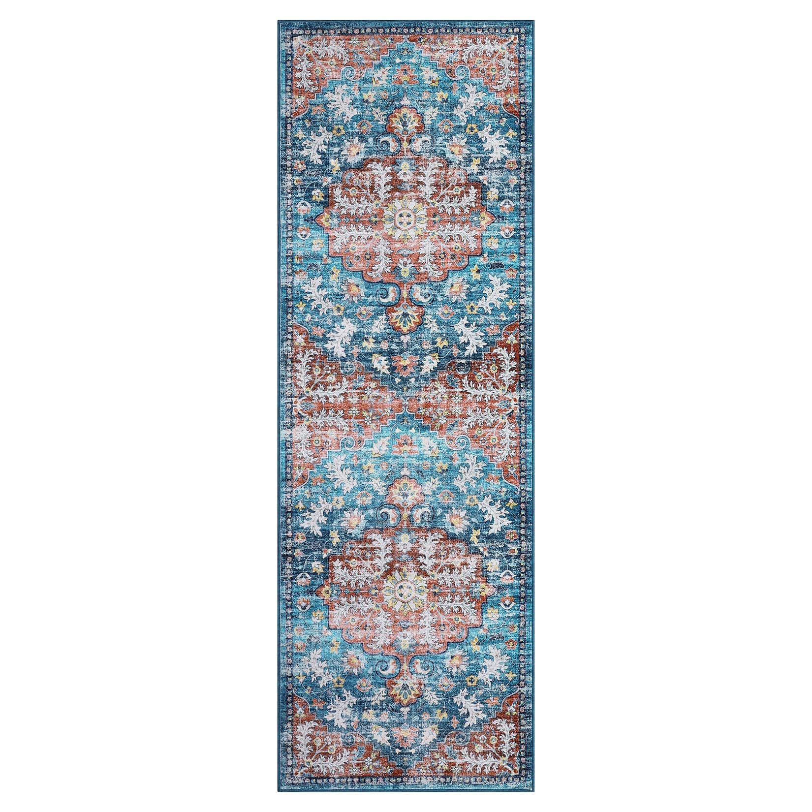 Qeetex LSN-PHO-353MFF3W 2 x 6 ft Polyester Cashmere Imitation Blue Rectangular Hallway Bathroom Entryway Kitchen Office Foldable Flower Printed Persian Washable Area Rug