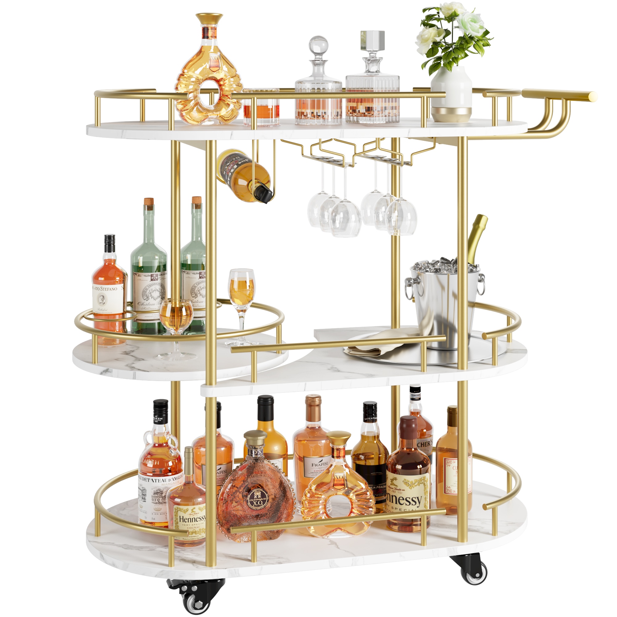GarveeLife - Bar Serving Cart with Wine Rack and Glass Holder 3-Tier Rolling Serving Cart with 4 ...