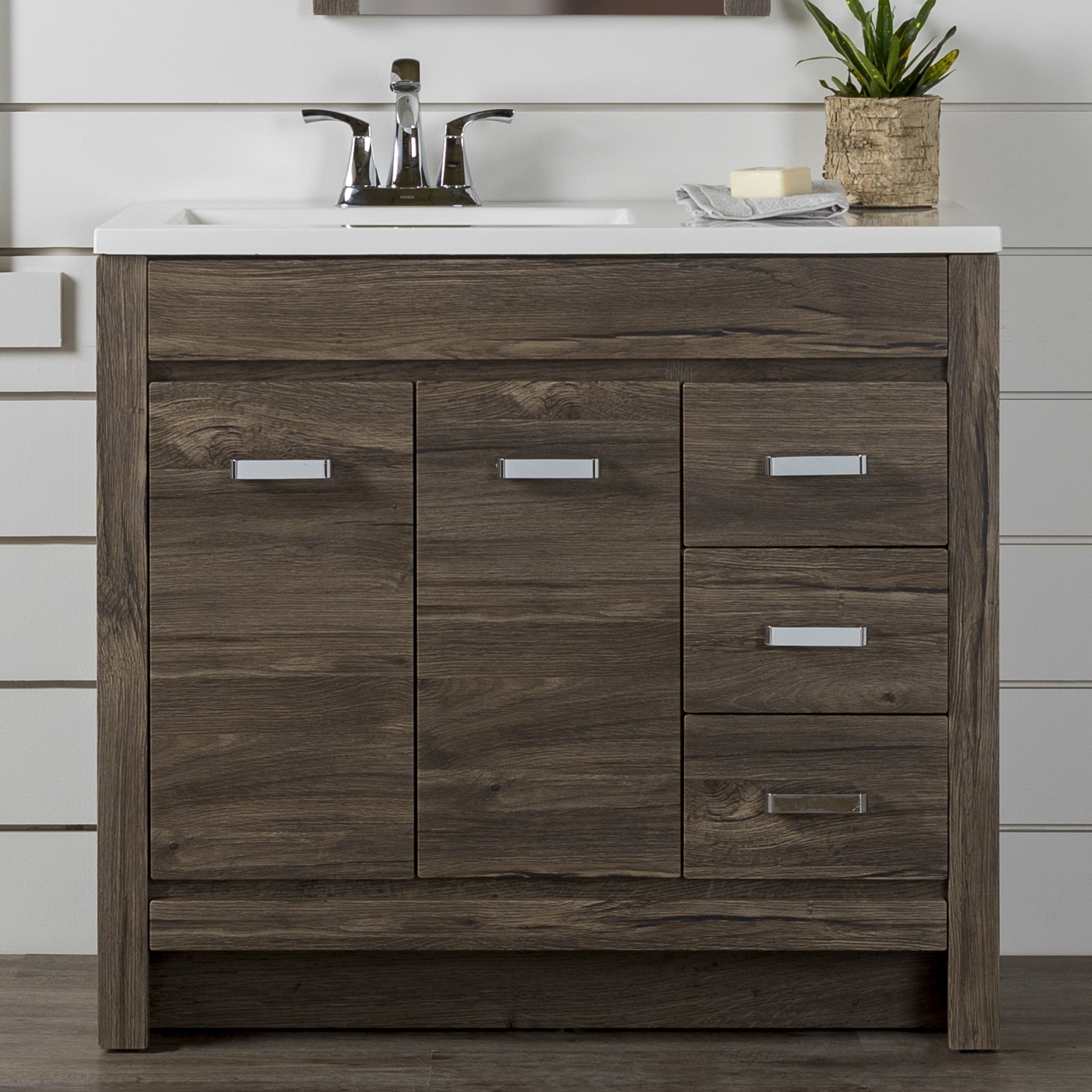 Diamond Now Adler 36-in Vintage Oak Brown Woodgrain Single Sink Bathroom Vanity with White Cultured Marble Top | C36W30049