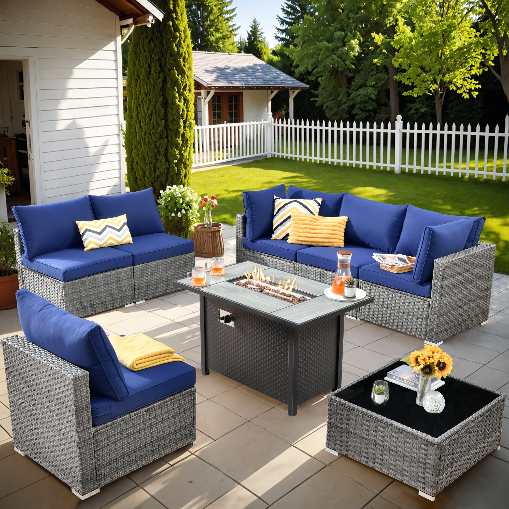 Pouuin SYZHOP705 Wicker Outdoor Sectional with Navy Cushions and Wicker Frame