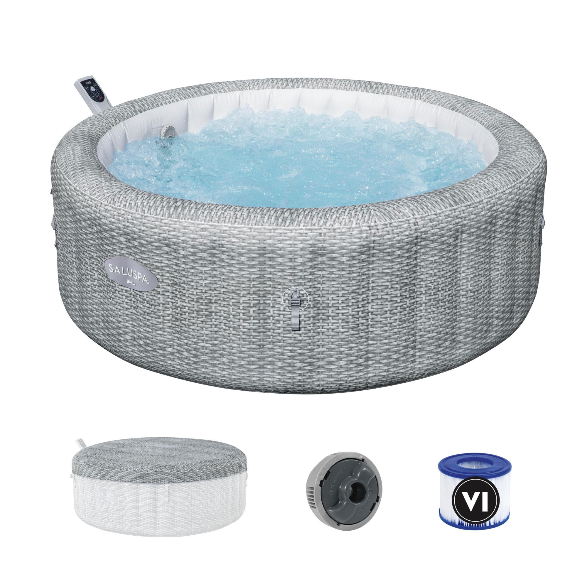 Bestway 407726 SaluSpa Bali Smart AirJet Inflatable Hot Tub Round Portable 4 to 6 Person Spa with 140 AirJets App Control and EnergySense Cover Grey Rattan