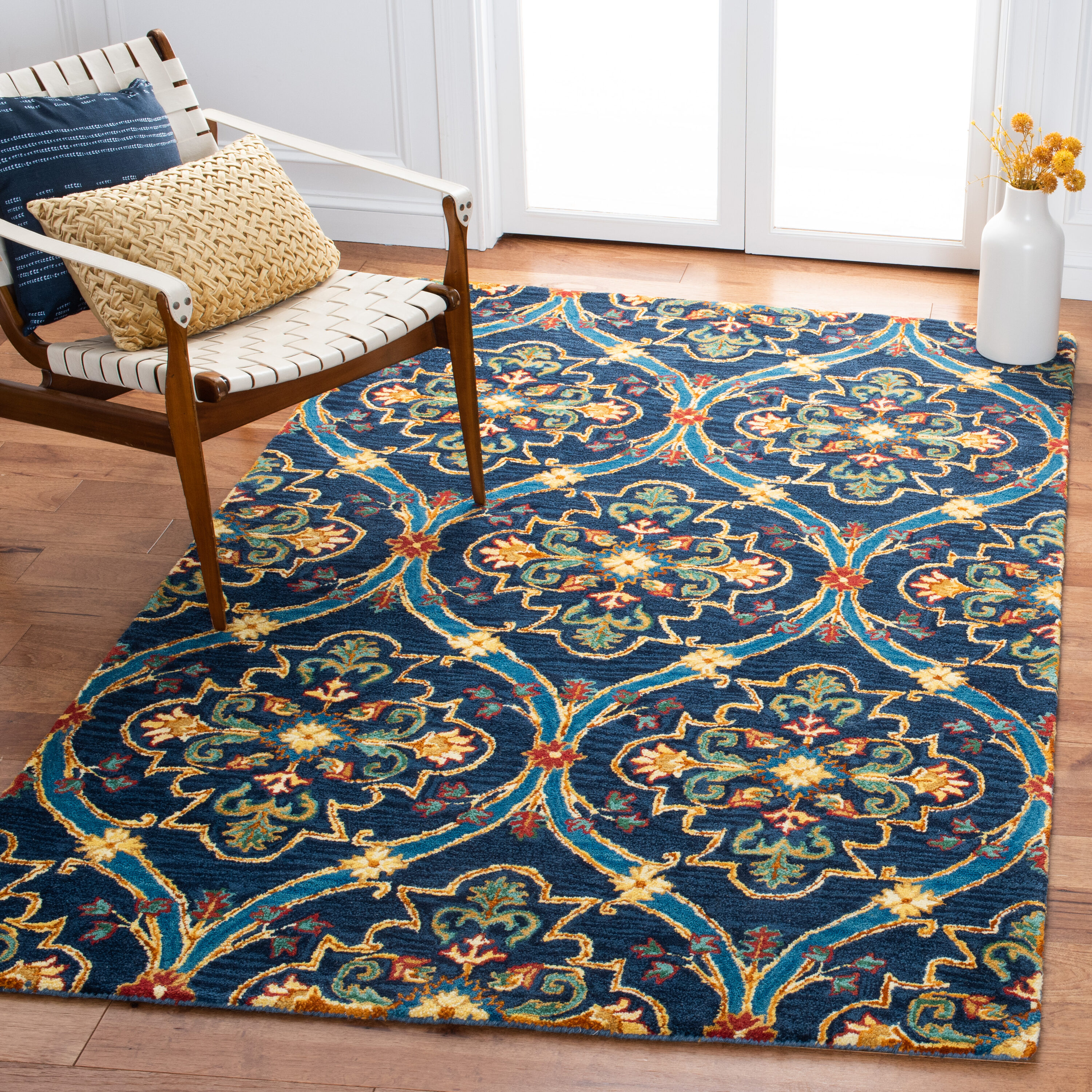  Heritage 475 Navy/Yellow Traditional 4ft x 6ft Small Rectangle Rug