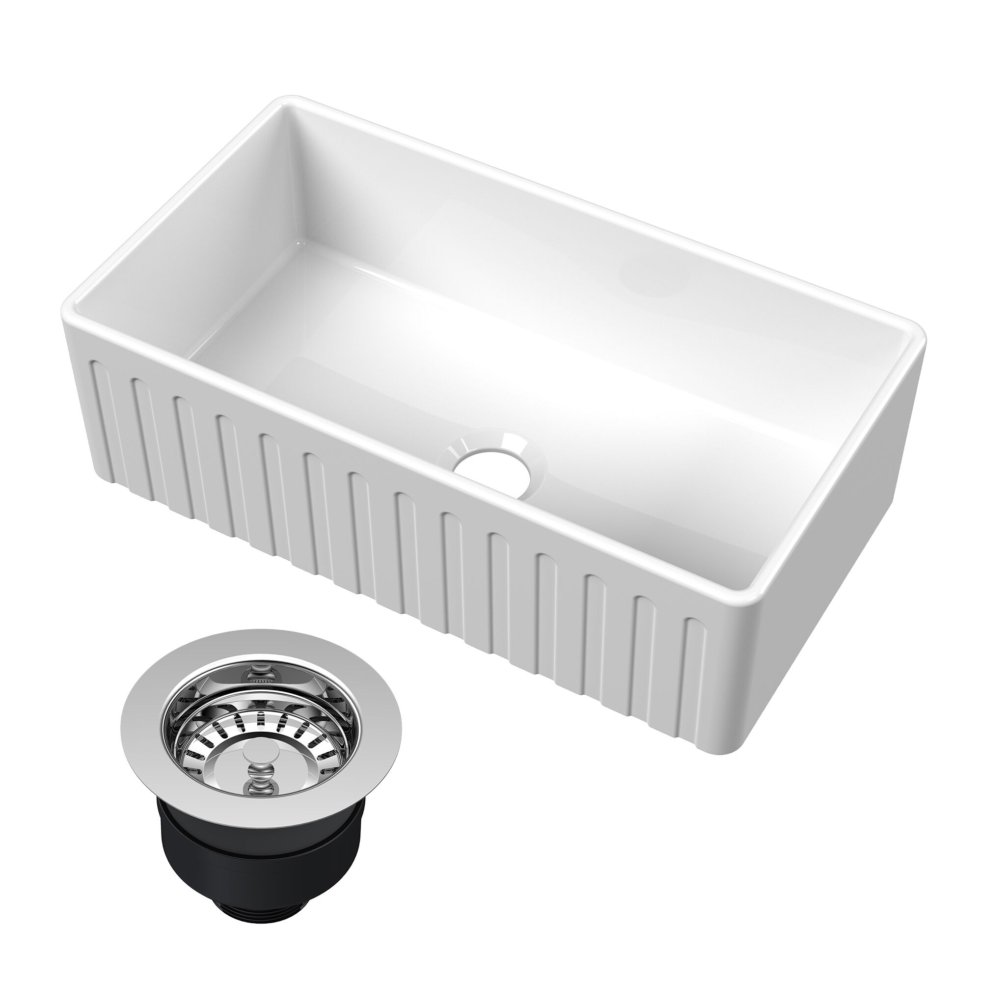 nuie White Kitchen Sink 33-in x 18-in x 10-in Fireclay Single Bowl Apron Fluted Front Farmhouse Sink with Chrome Drain #EF10533SSW