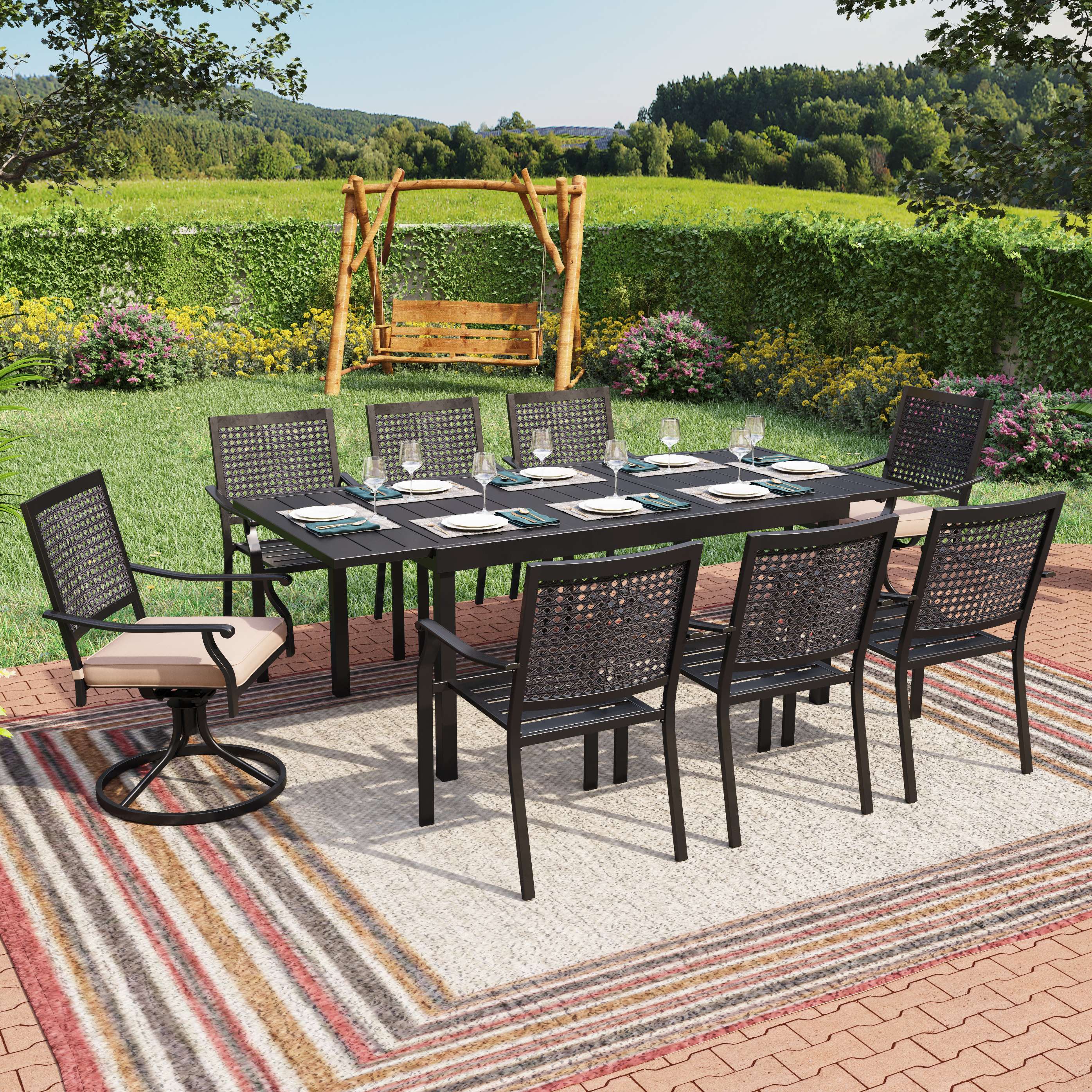 Sunshine Valley 9-Piece Black Patio Dining Set Extendable Table Steel ...