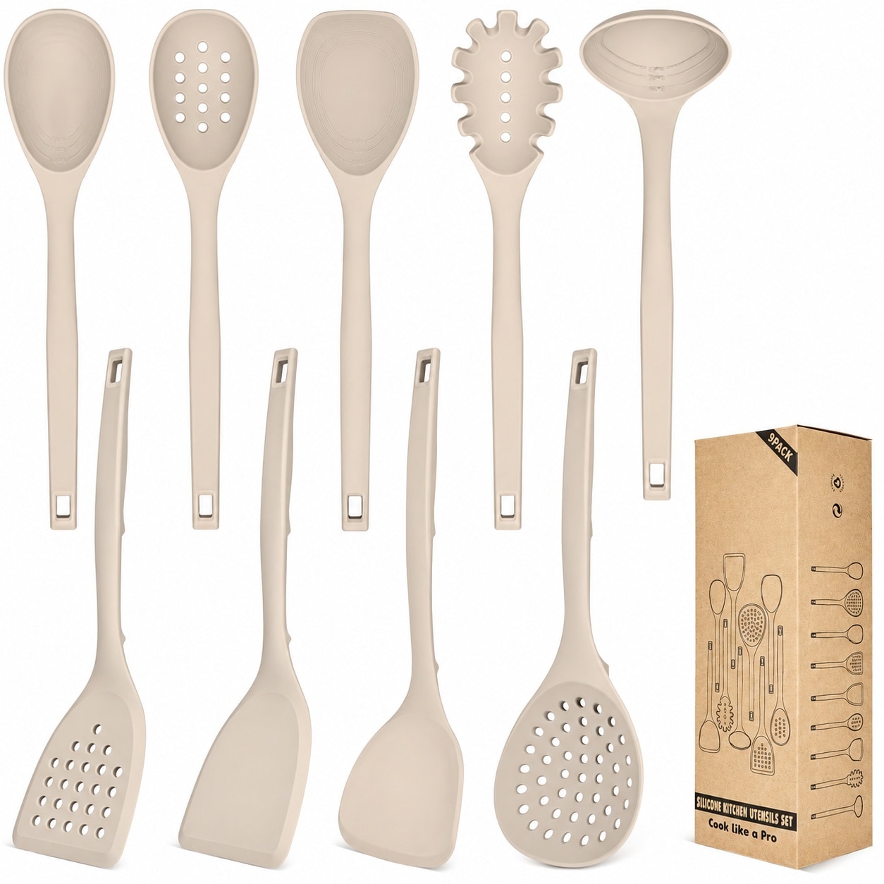Vrbgify  Silicone Cooking Utensils Set 9 Pcs Heat Resistant Kitchen Tools with Back Hooks Spatulas Spoons Skimmer and Pasta Fork for Non Stick