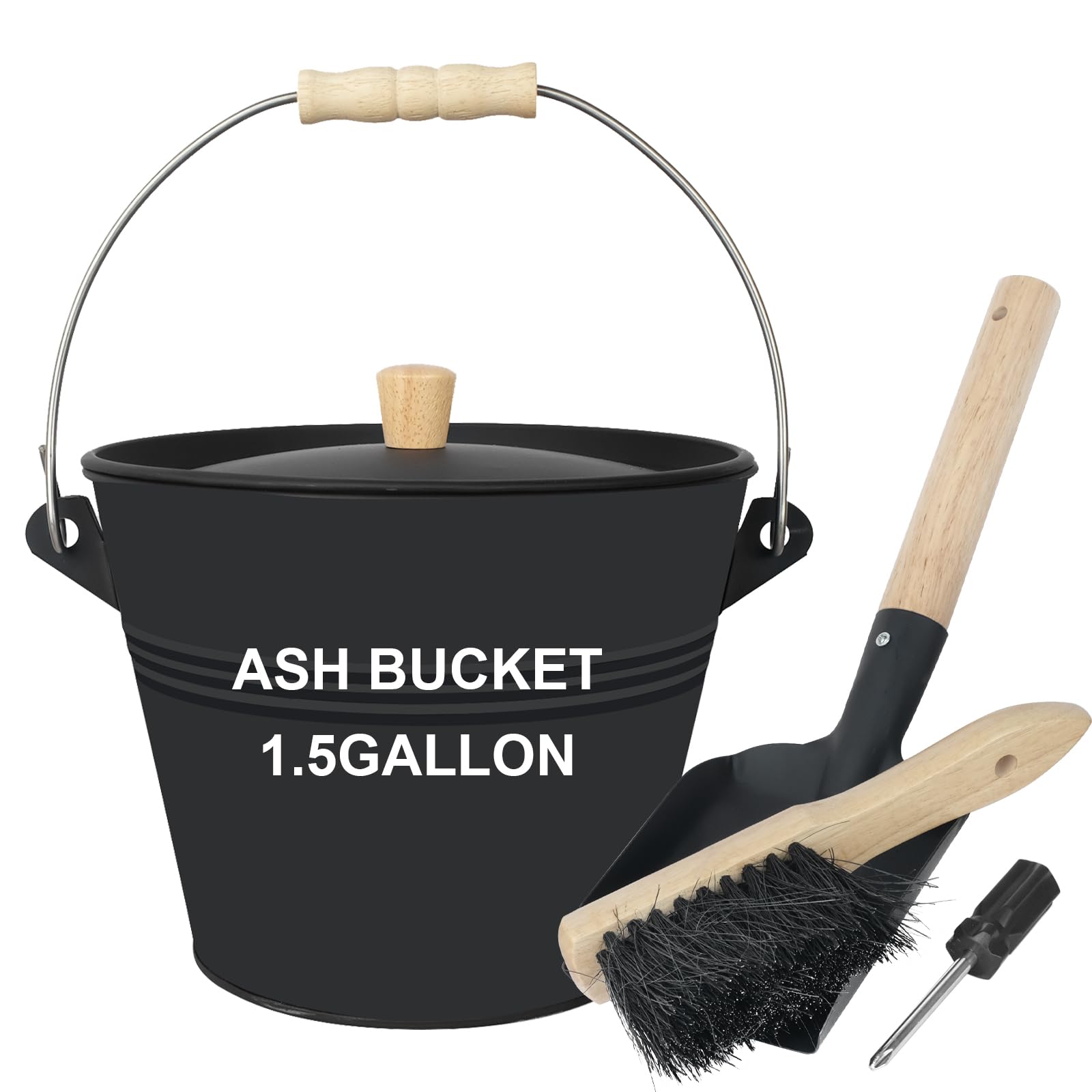 Phyfalip Mini Ash Bucket with Lid Shovel and Broom 1.5 Gallon Metal Fireplace Bucket for Ashes Fire Pits Hearth Wood Burning Stoves Indoor and #LPF0818P011