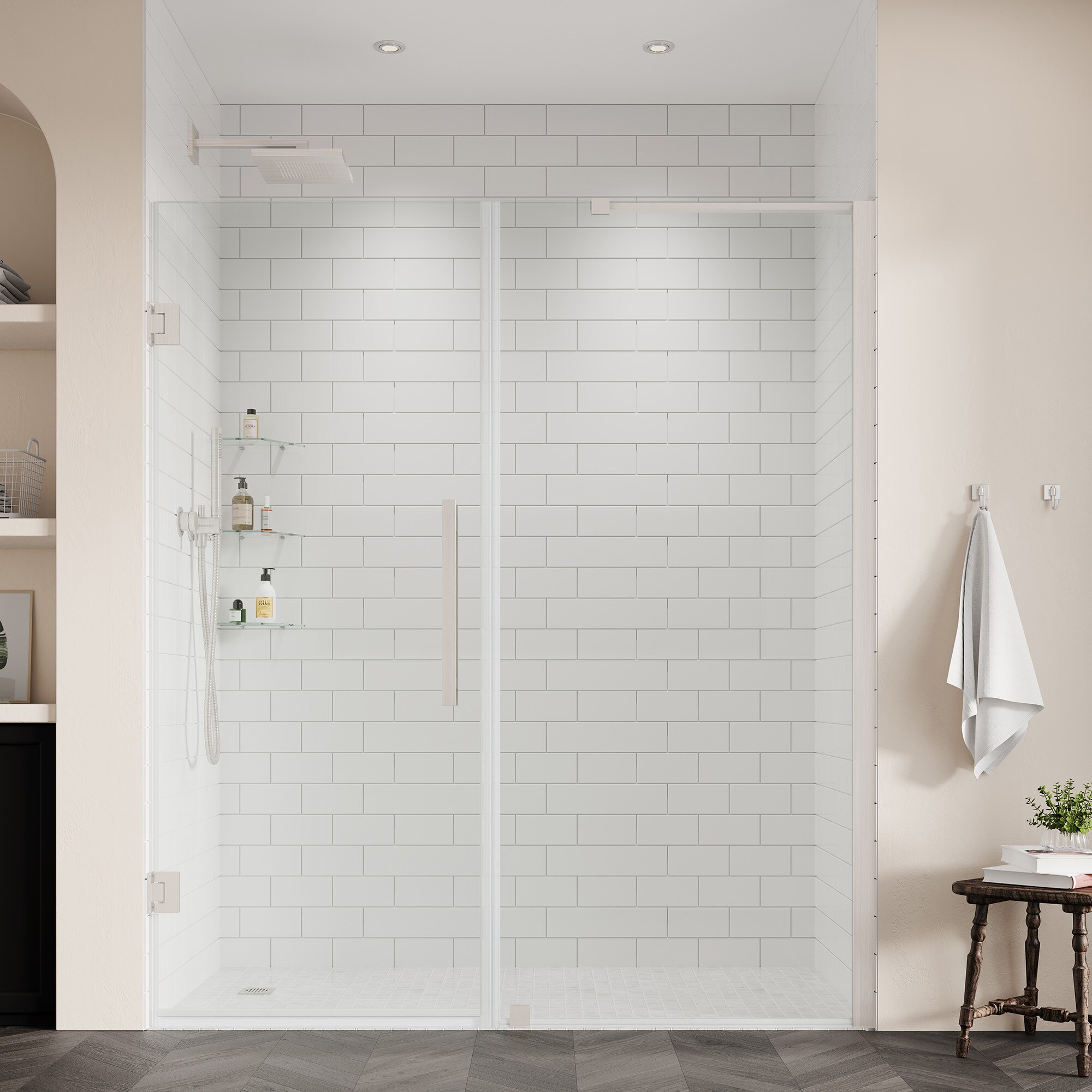 OVE Decors 828796067379 Tampa-Pro Satin nickel 57-3/16-in to 58-3/8-in W x 72-Inches H Frameless Pivot Shower door 5/16-in Thick Clear Glass