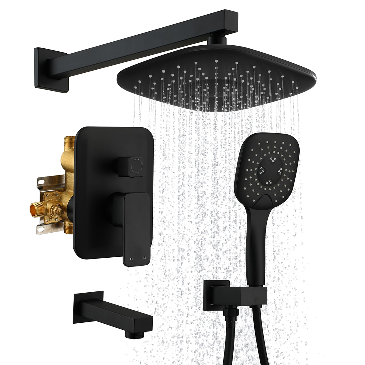 Mondawe SQ-SH010BN-8 ABS Matte Black 9-in Built-In Shower Faucet System with 3-way Diverter ( Pressure-balanced Valve Included )