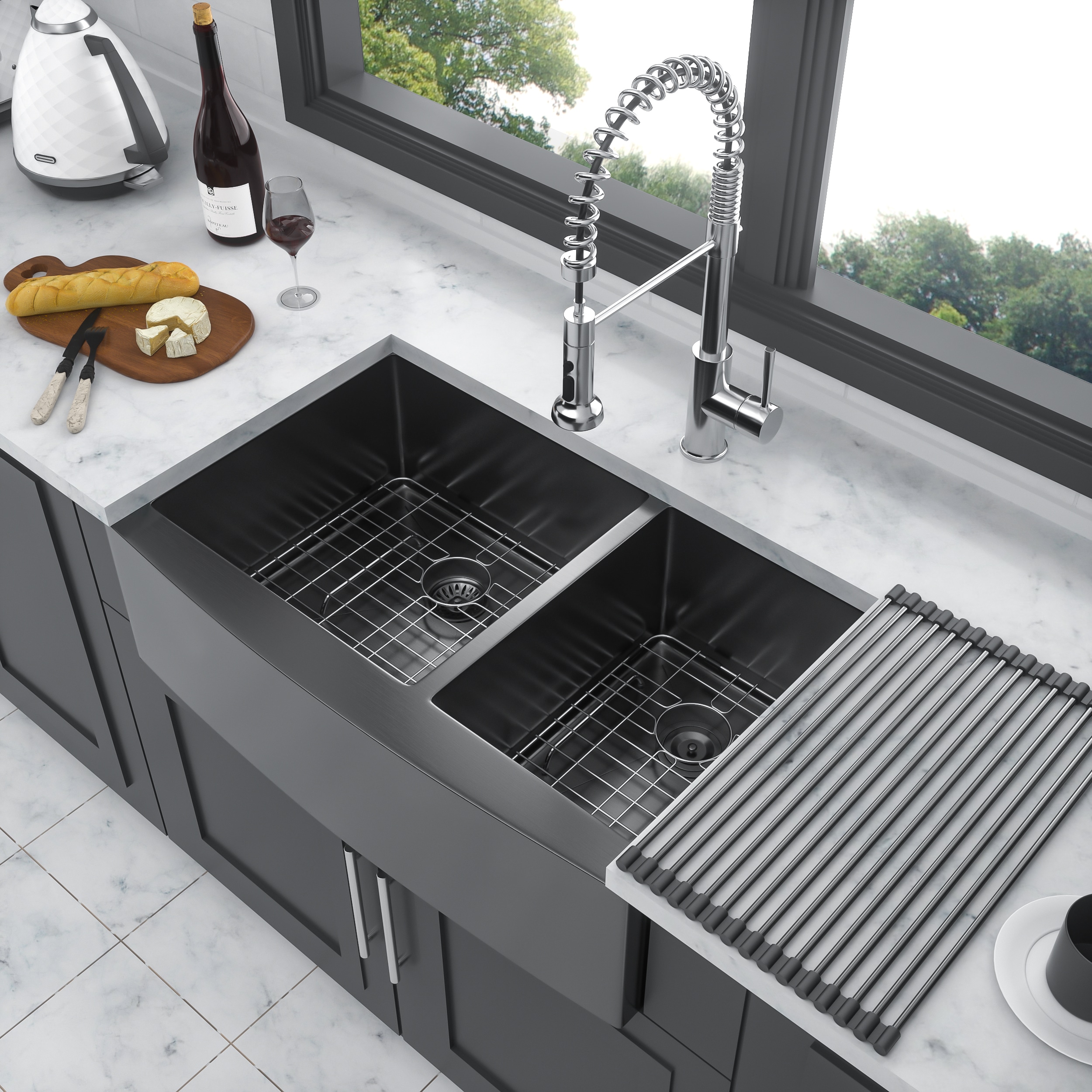 CASAINC 33-in Farmhouse Apron Front Kitchen Sink Gunmetal Black Stainless Steel Double Bowl 60/40 Sink 16 Gauge 10-in Deep Basin