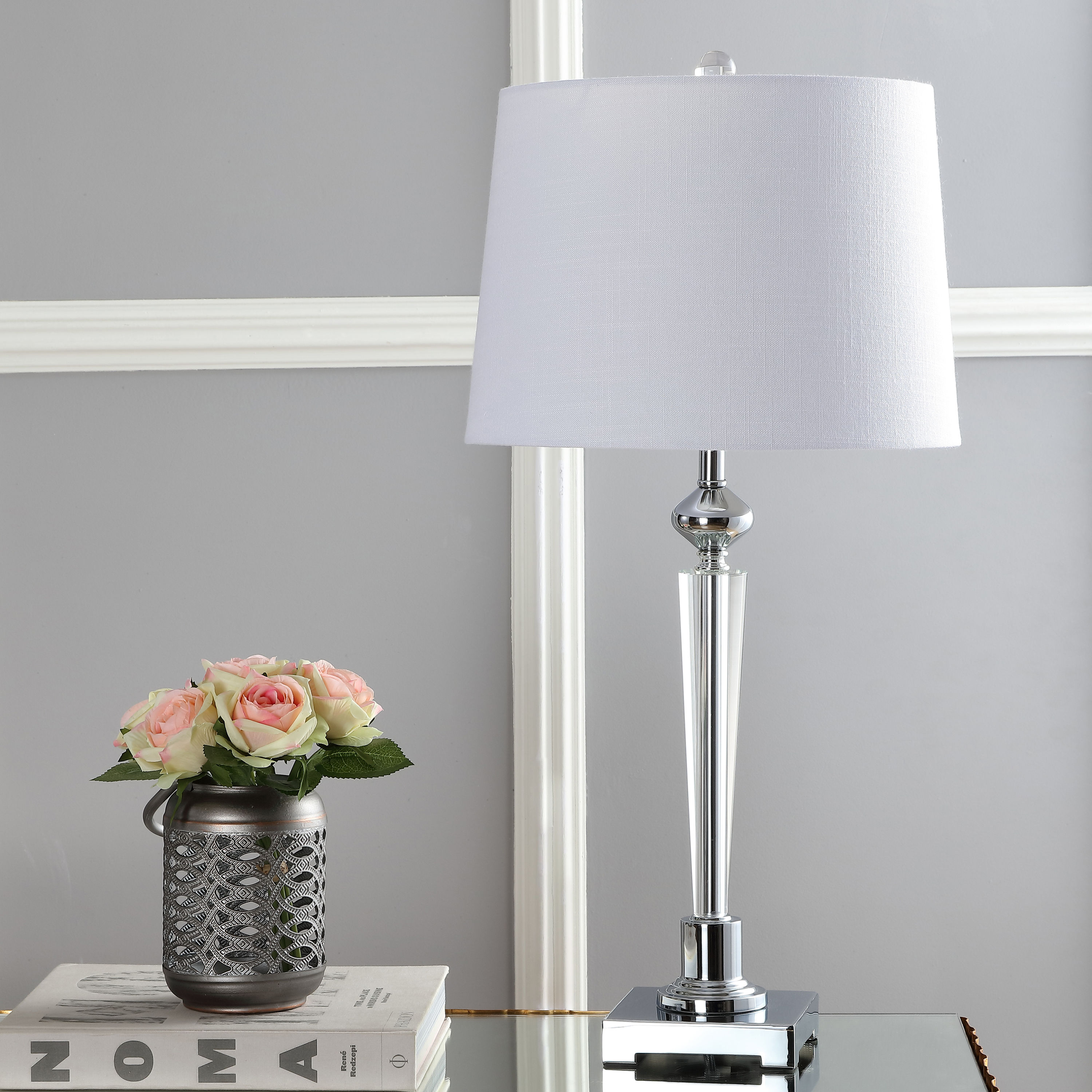 Foster 28.25" Chrome and Crystal Table Lamp with White Linen Shade