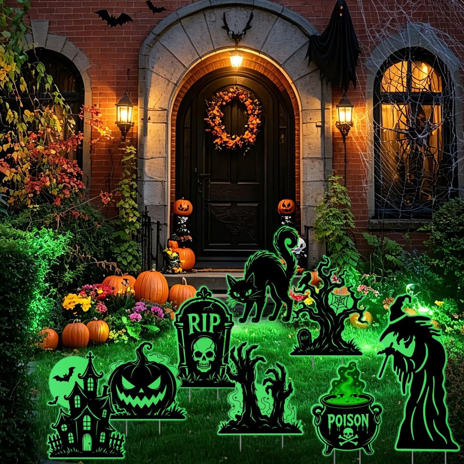 OGETFUUR 8-Piece Glow Halloween Yard Signs Set with Stakes for Garden Lawn Yard