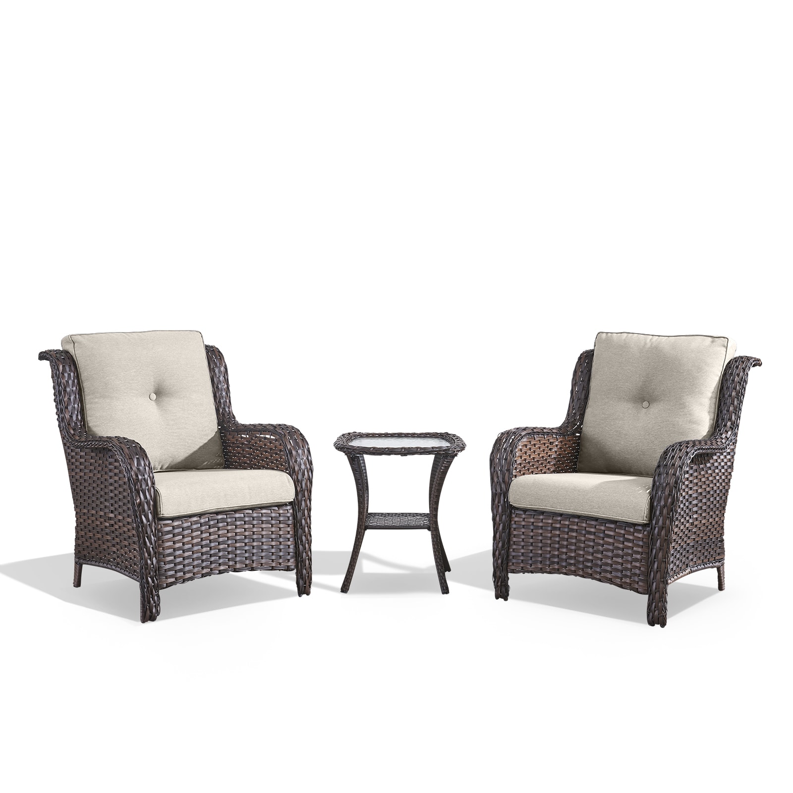 Rilyson FS006025-2 Curved armrest Set of 2 Wicker Brown Wicker Frame Stationary Conversation Chair with Multiple colors/finishes Beige Cushioned Seat