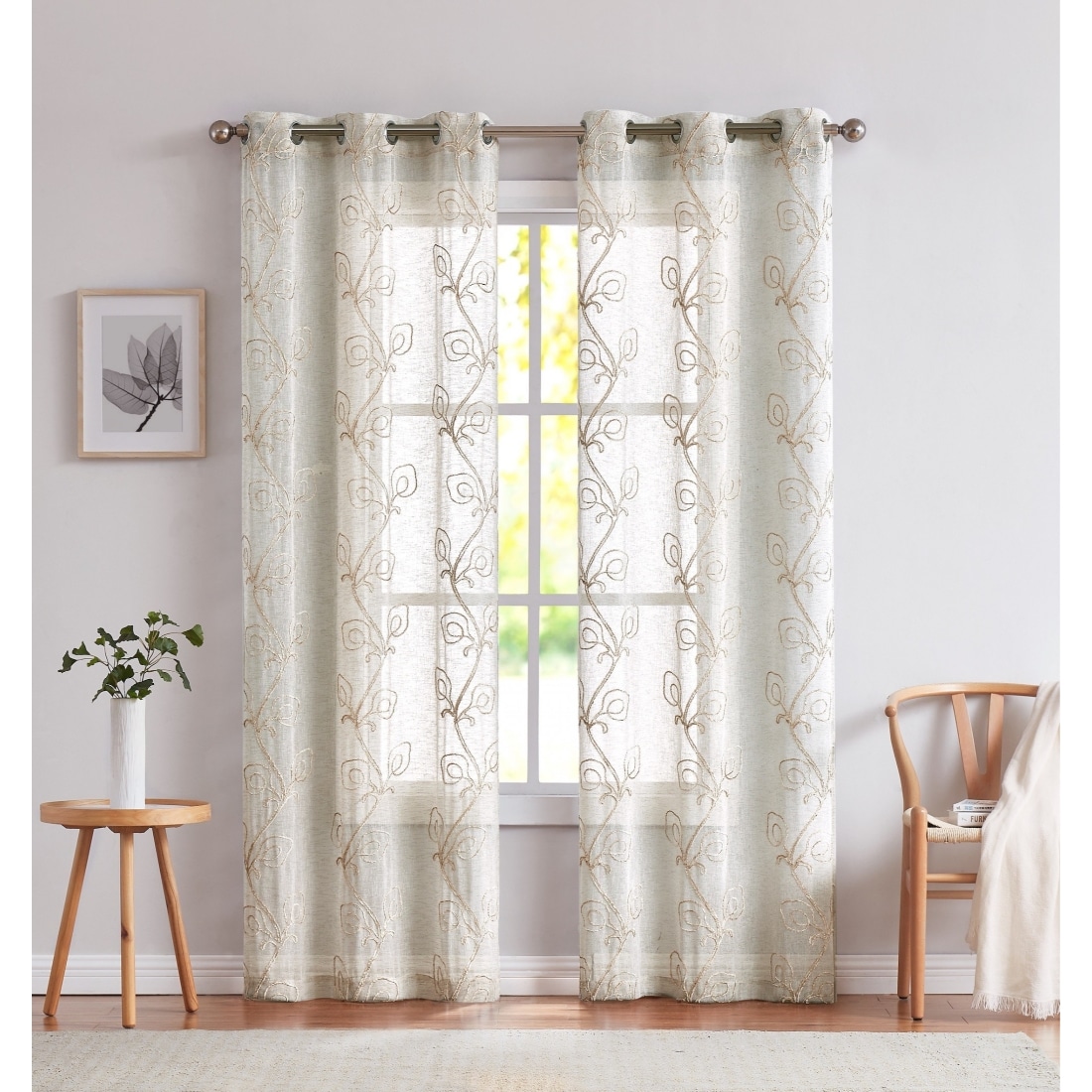 HomeRoots 4000473423 84-Inches Linen Floral Semi-sheer Standard lined Grommet Single curtain panel