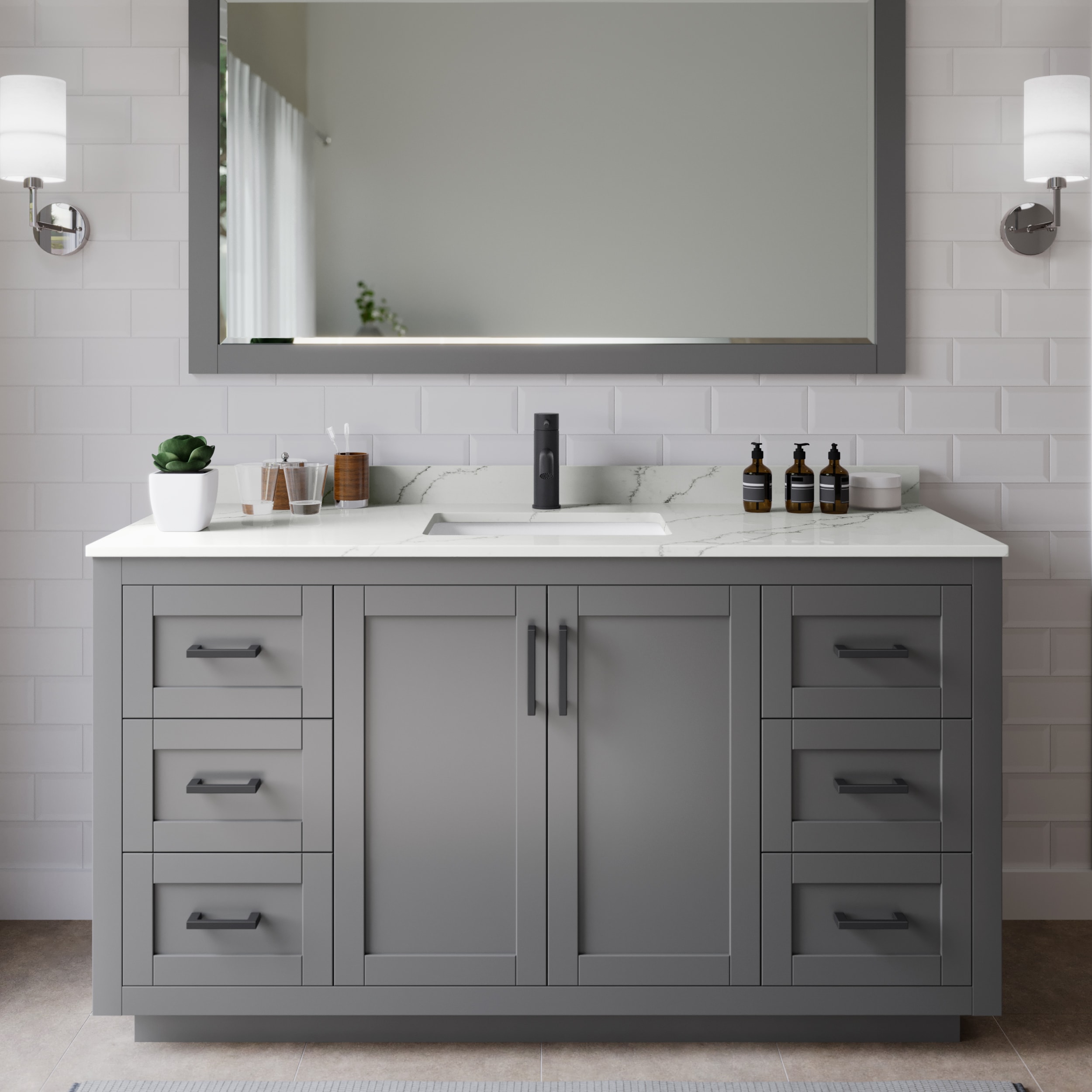Wyndham Collection WCF292960SGBGTUNSM58 Miranda 60-in Dark Gray Undermount Single Sink Bathroom Vanity with Giotto Quartz Top (Mirror Included)