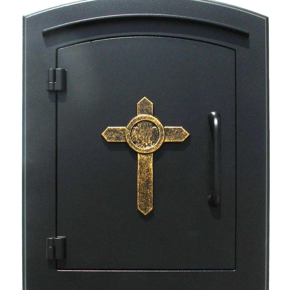 QualArc QUAL1578  MAN-1403-BL 14 in. Manchester Non-Locking Column Mount Mailbox with Decorative Cross Logo in Black