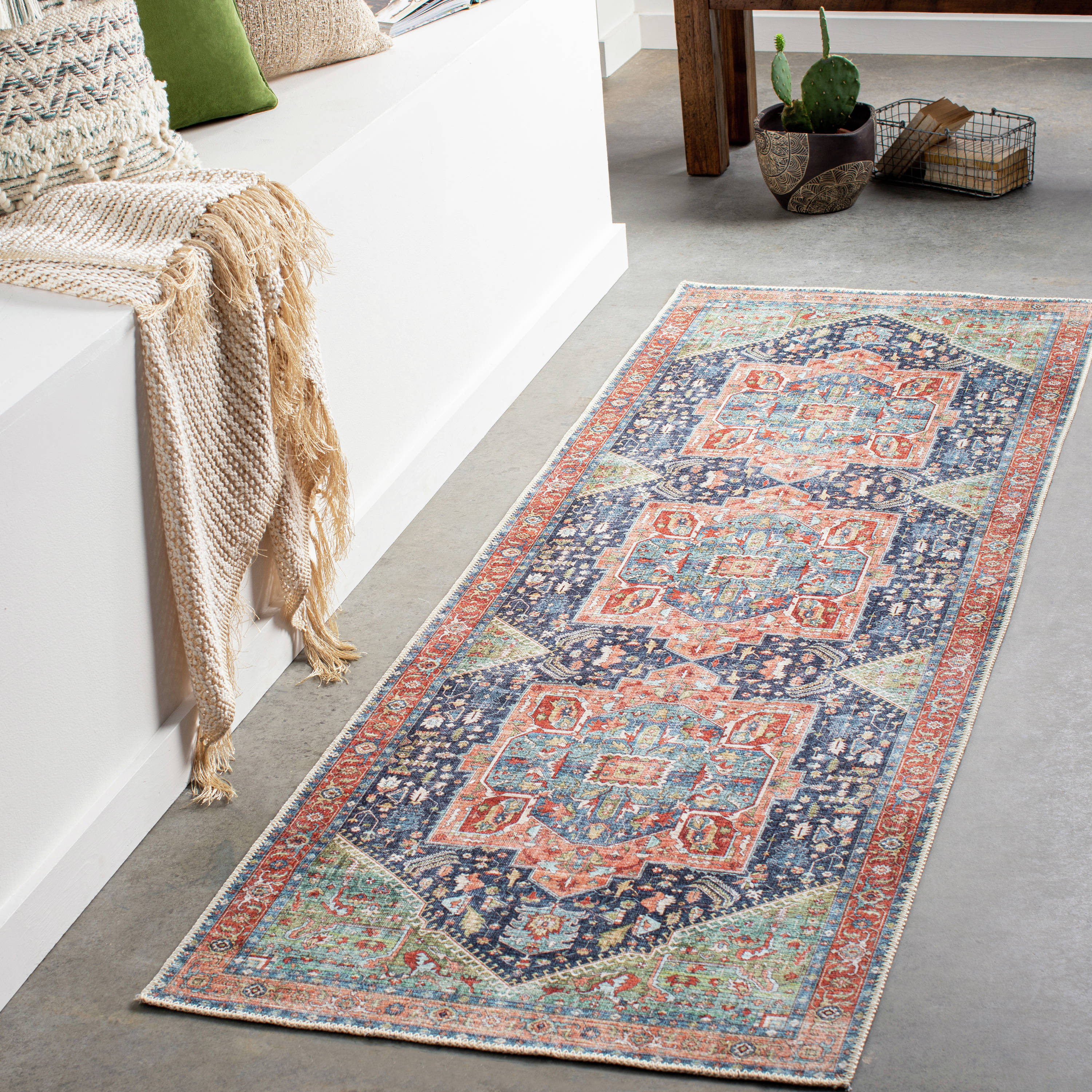Livabliss AML2311-27710 Kemer 3 x 8 (ft) Polyester Peach/Navy Rectangular Indoor Medallion Oriental Area rug