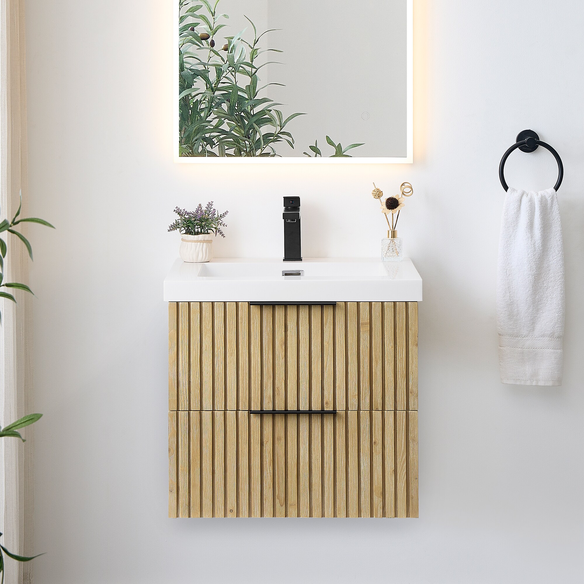 Altair 563024-NB-WH-NM Livia 23.6-in Nature Brown Single Sink Floating Bathroom Vanity with White Engineered Stone Top