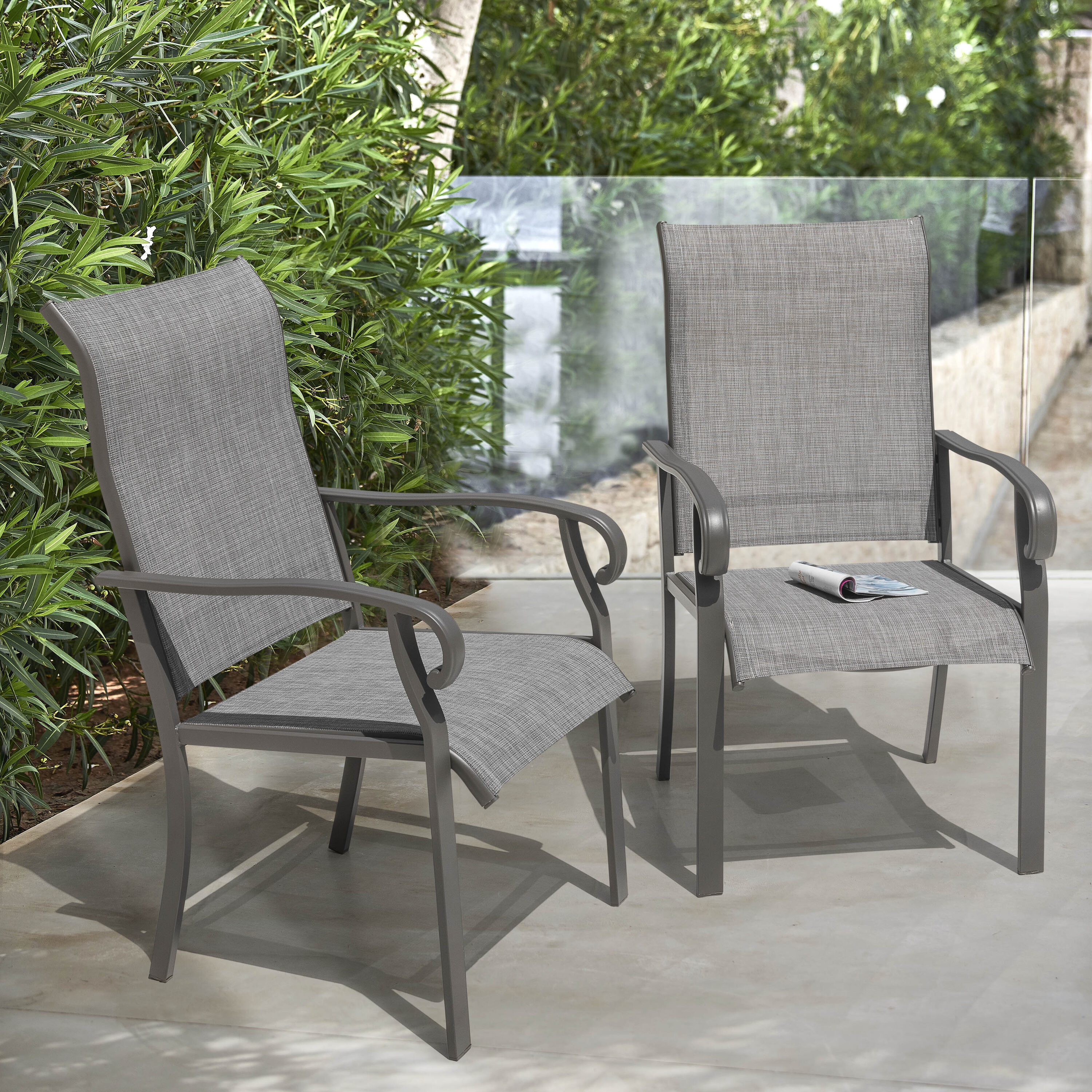 Light Gray Textilene and Iron Outdoor Dining Chairs, Set of 2