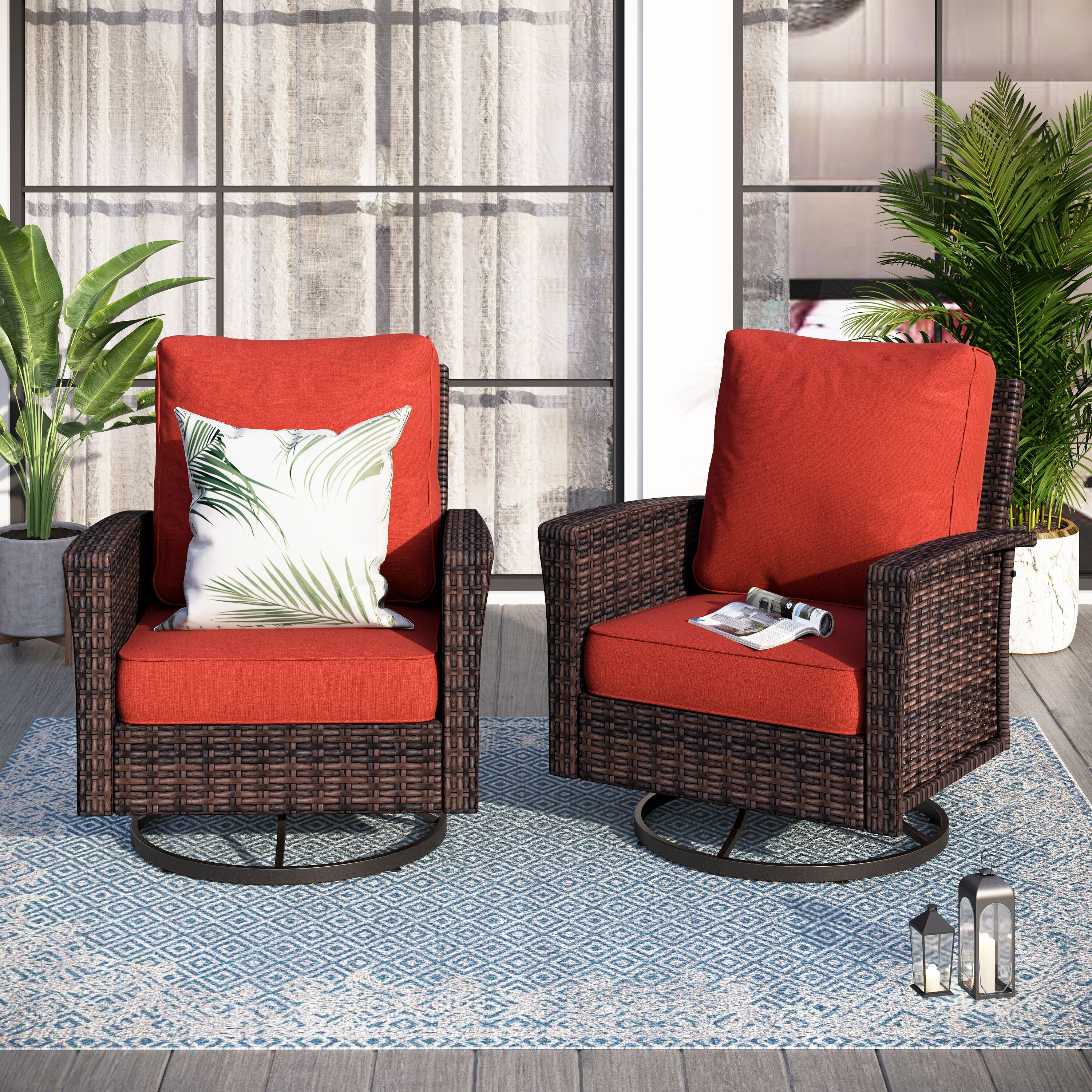 Sunshine Valley CR005-05-2-RD Patio Conversation Sets 2 -Piece Wicker Patio Conversation Set with Red CUSHION PRO Cushions