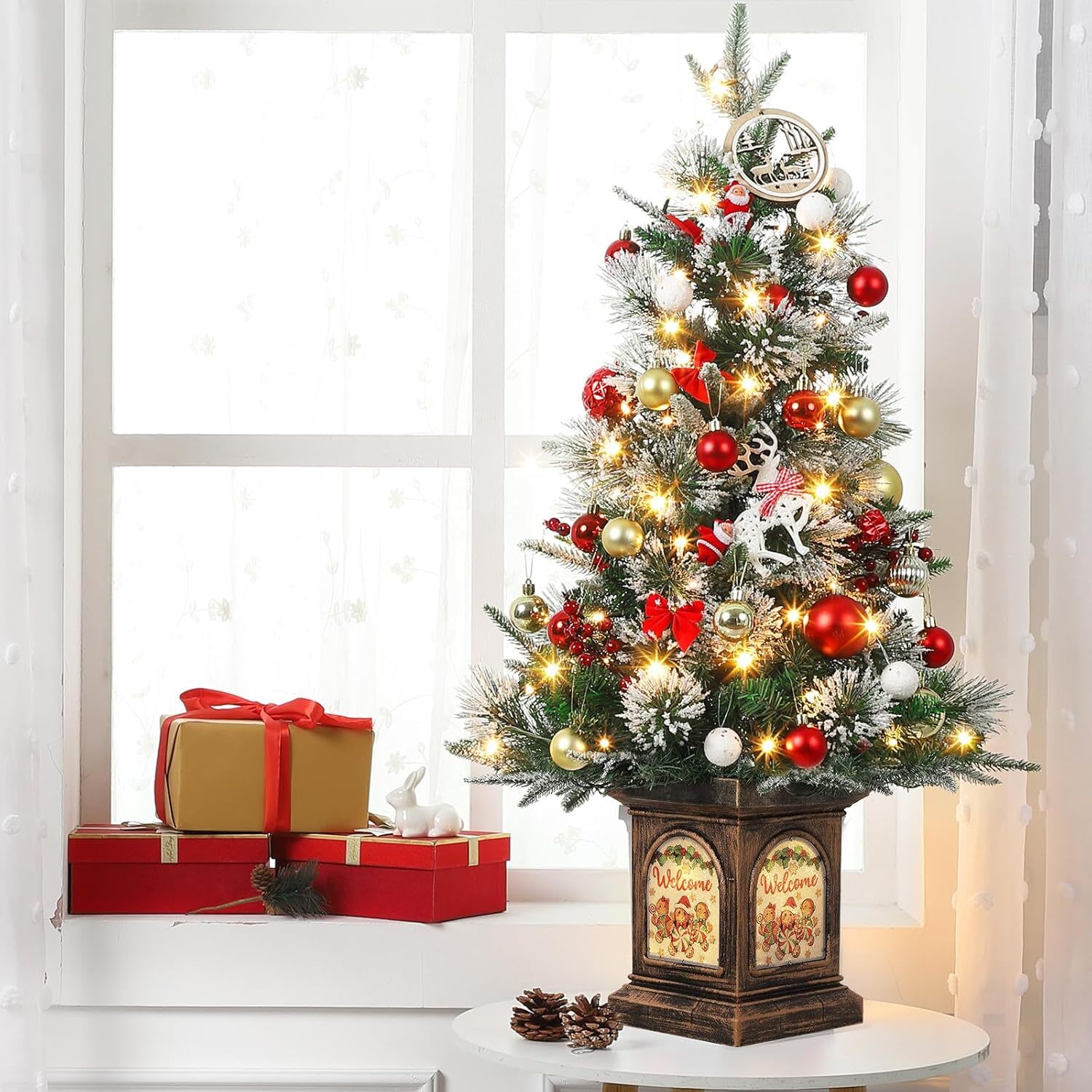 Qeetex GGL-PHO-0WIHQR64 Christmas Tree 3FT PreLit Artificial Xmas Tree with 78 LED Lights Snow Flocked Potted Base Battery Operated Easy Fold Storage Small Christmas Trees for Indoor Outdoor Decor Battery Powered Light