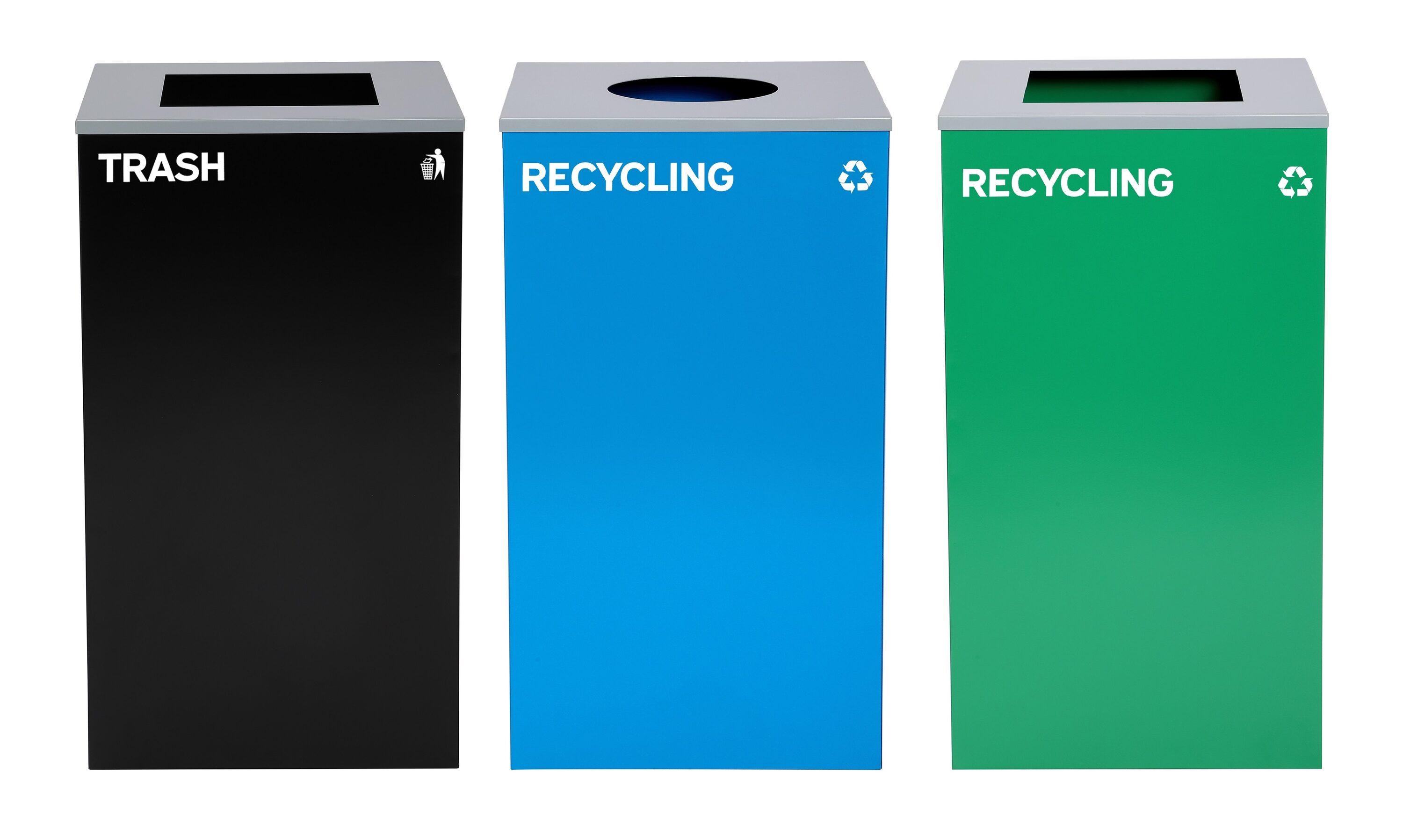 Alpine Industries - 3-Stream 87 Gallon Black Steel Square Commercial Trash Can and Blue Green Rec...
