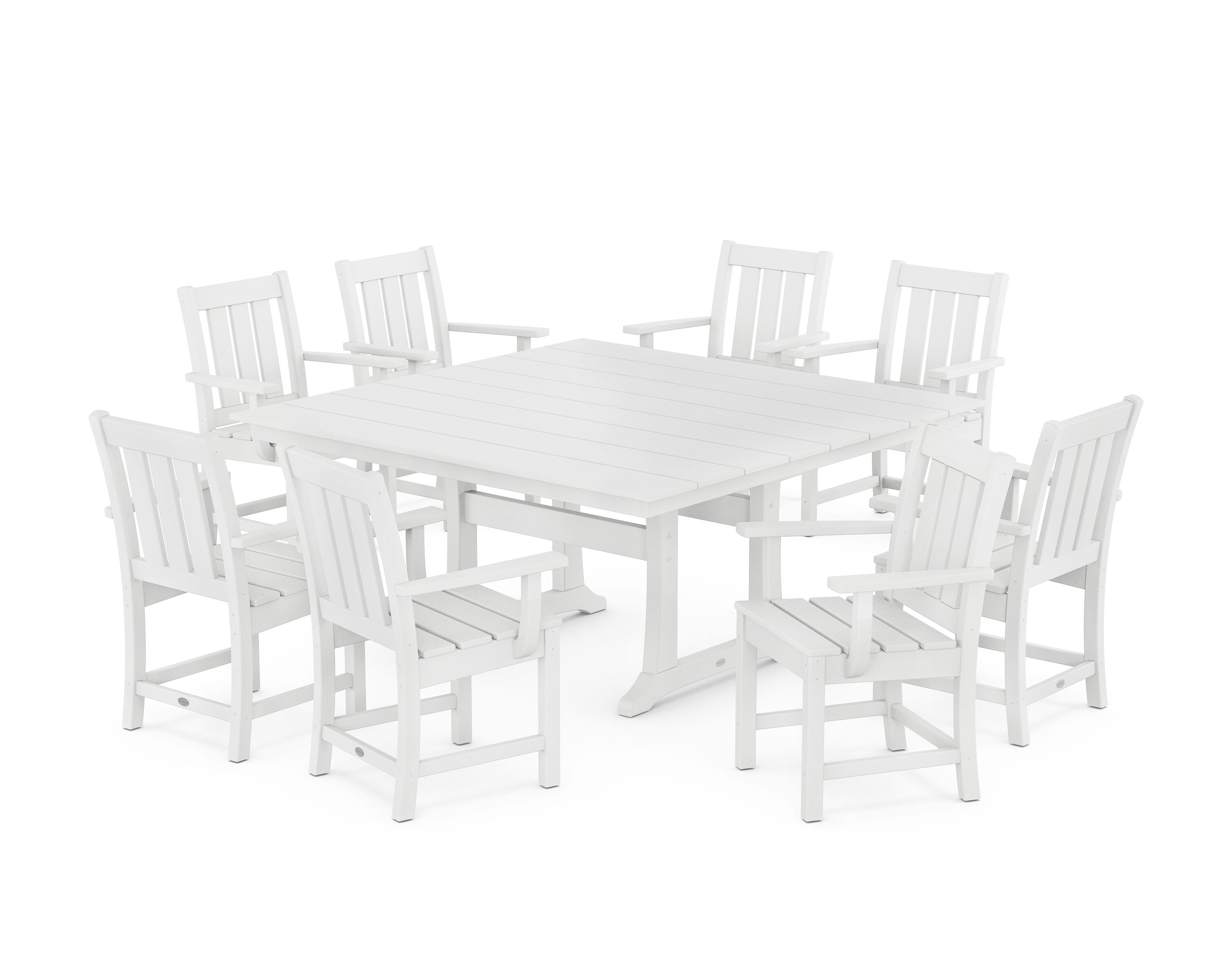 POLYWOOD PWS2088-1-WH Oxford 9 -Piece White Patio Dining Set Plastic Square Table with 8 Stationary Chairs