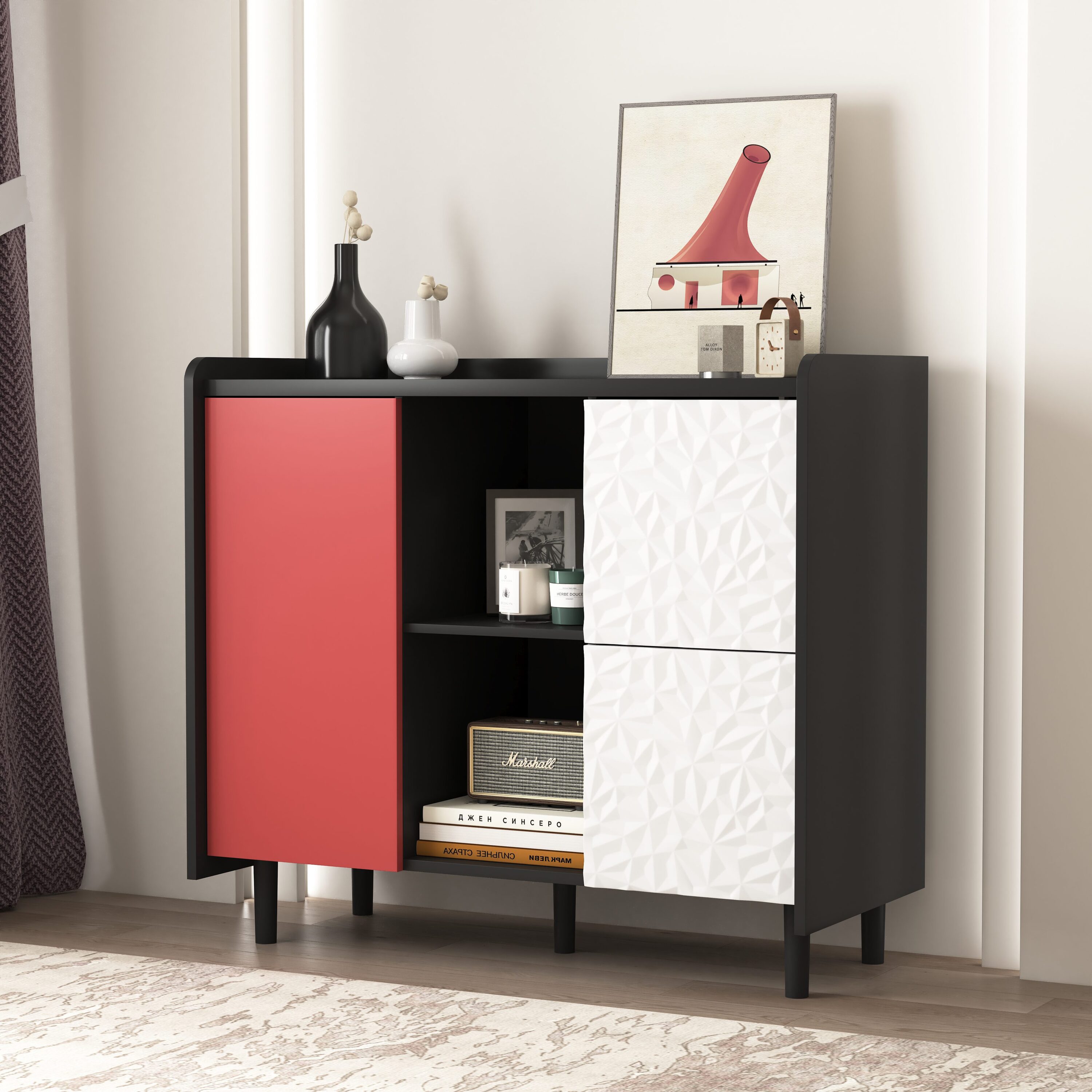 Dexmalle -  Black  Accent Buffet Cabinet with 2 Drawers and 2 Open Storage Compartment