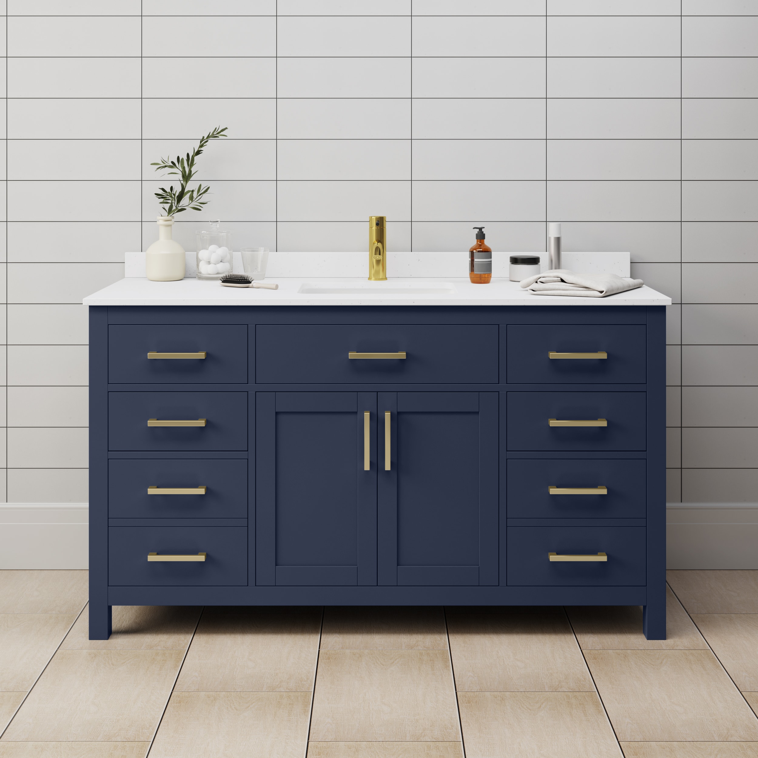 Wyndham Collection WCG242460SBLWCUNSMXX Beckett 60-in Dark Blue with Brushed Gold Trim Undermount Single sink Bathroom Vanity with White Cultured Marble Cultured marble Top