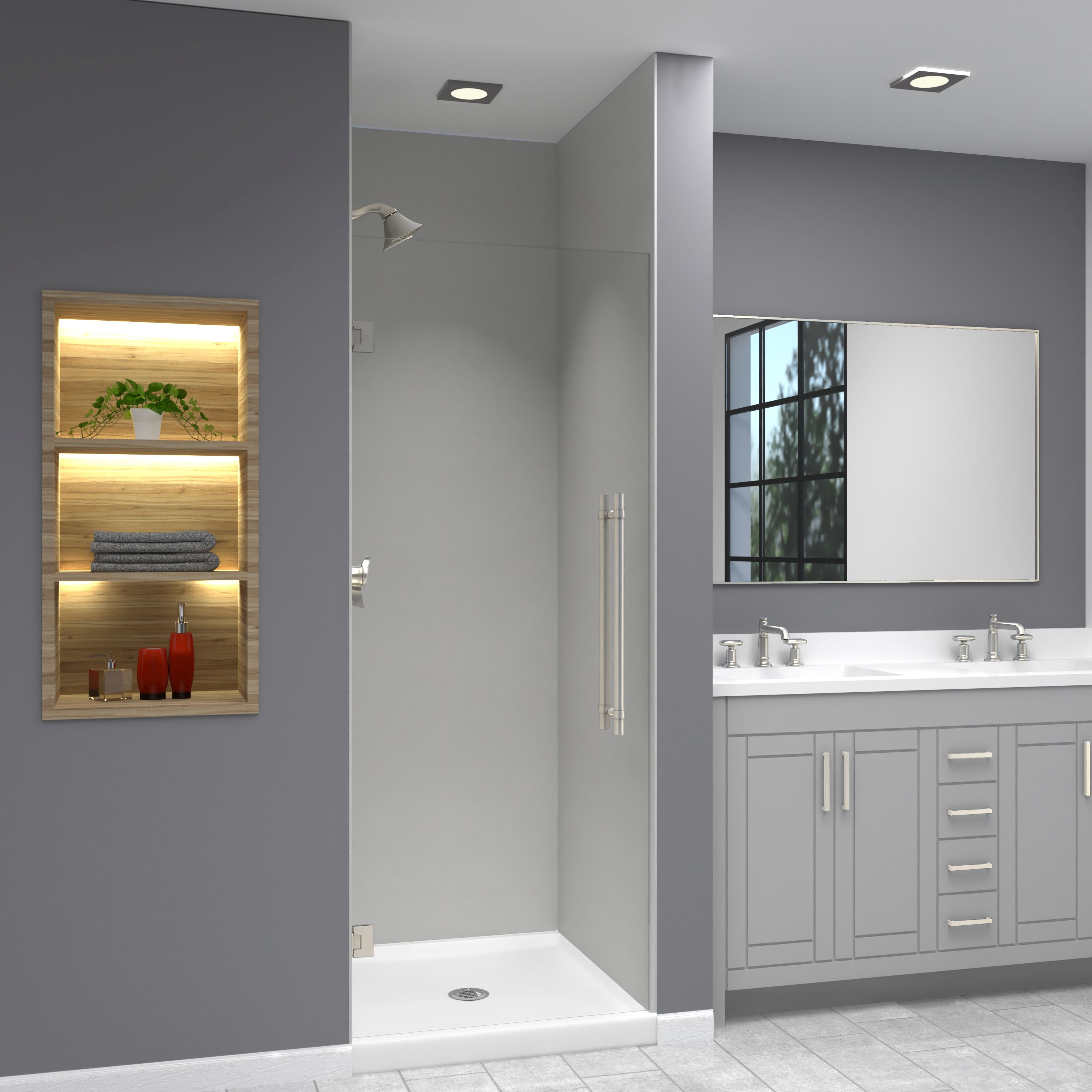 Transolid EHTA277610C-BK-BS Elizabeth Brushed Stainless 27-in to 27-3/8-in W x 76-Inches H Semi-frameless Hinged Soft Close Shower door 5/16-in Thick Clear Glass