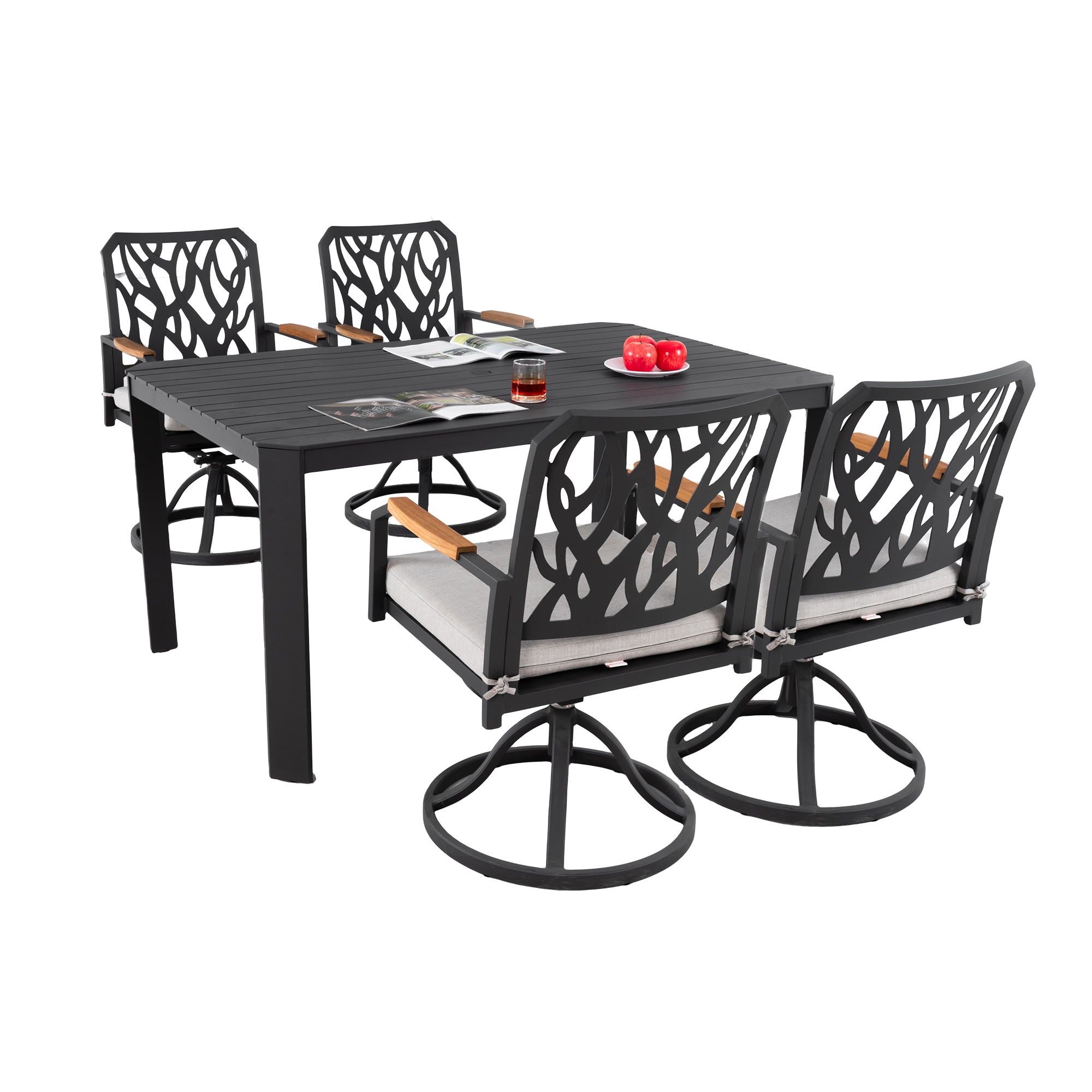 Mondawe MD-200-300 5 -Piece Brown Patio Dining Set Aluminum Rectangle Table with 4 Brown Cushions Swivel Chairs and Umbrella Included