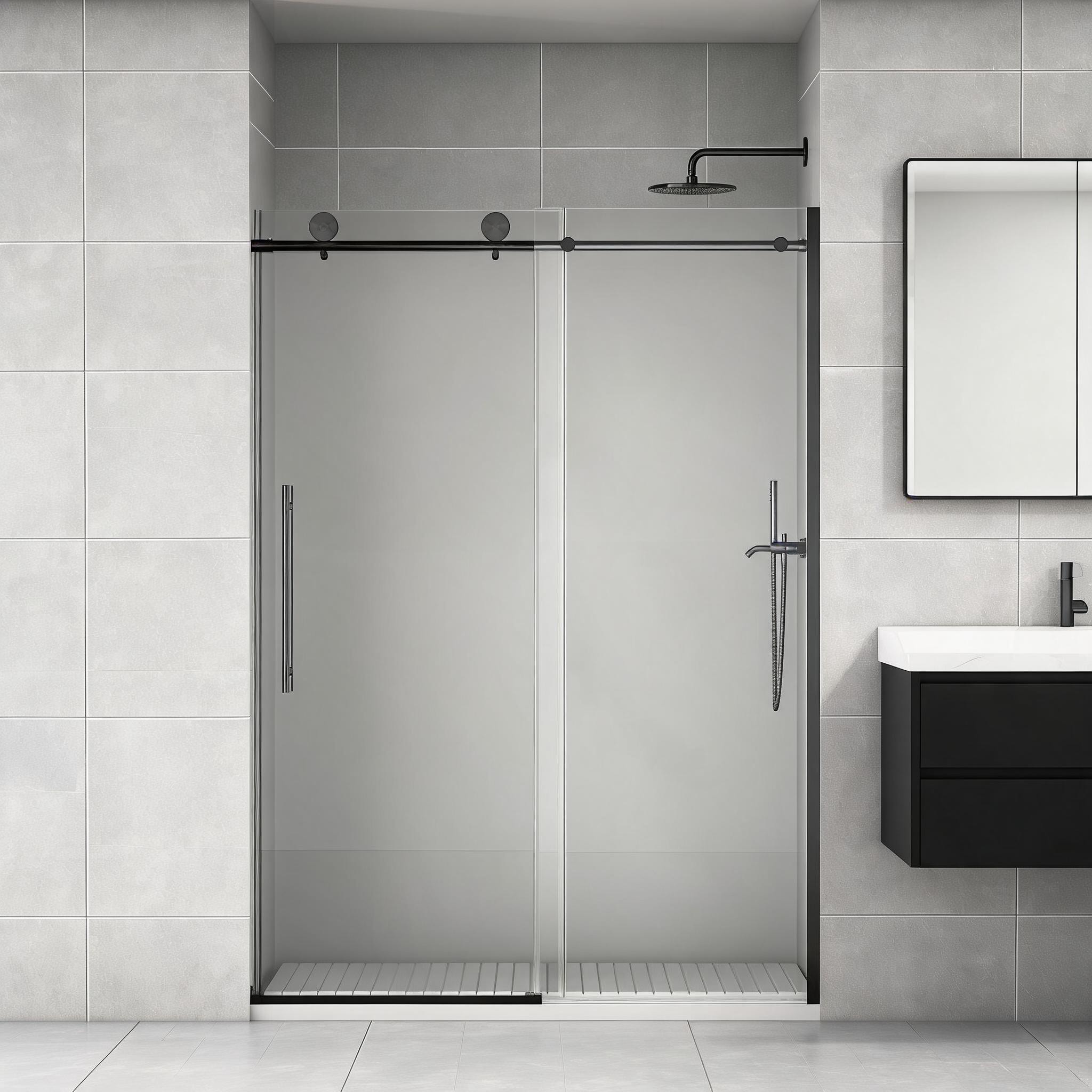 chillscreamni 50-54-Inch Frameless Sliding Shower Door with 8mm Clear Tempered Glass and Deep Black Metal Finish