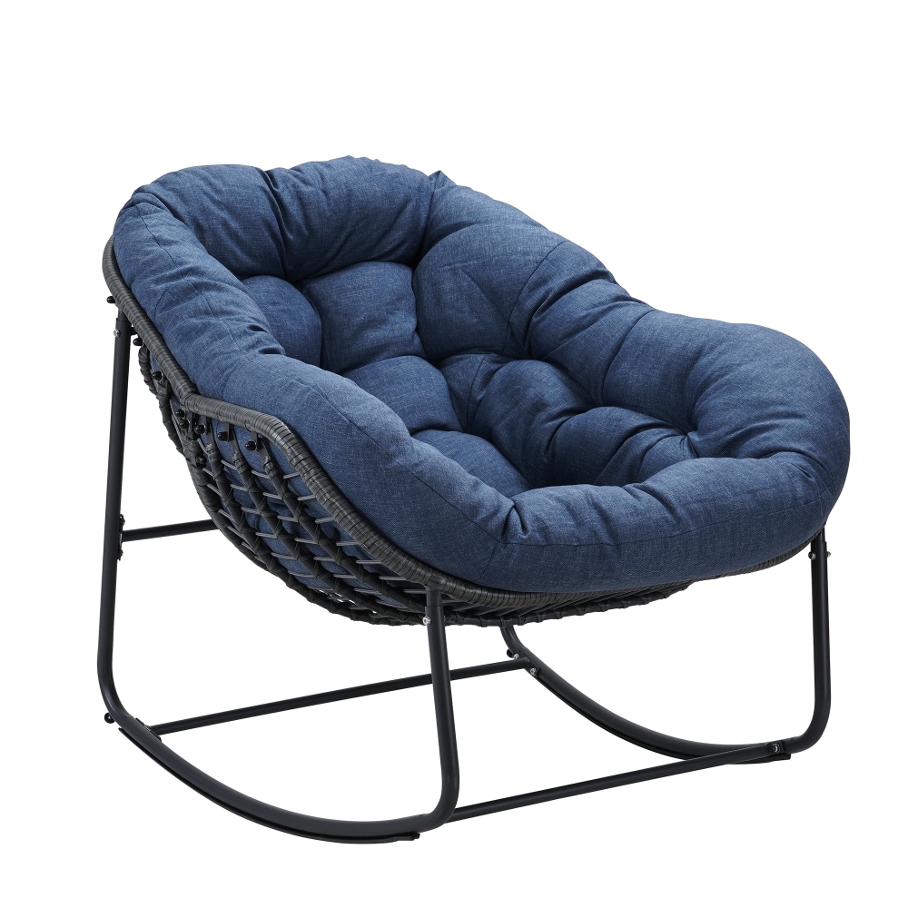Runesay QCPATIO-12 Rocking Chair Wicker Dark Gray Metal Frame Rocking Chair with Blue Cushioned Seat