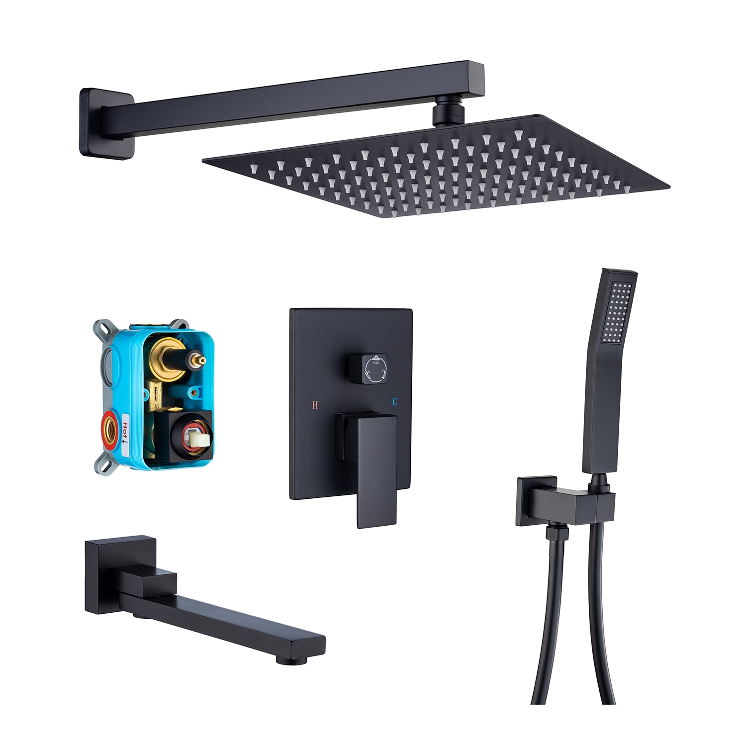 Rainlex 10 inch Single Handle 3 Sprays Square Showerhead Rainfall Shower Faucet and Tub in Matte Black