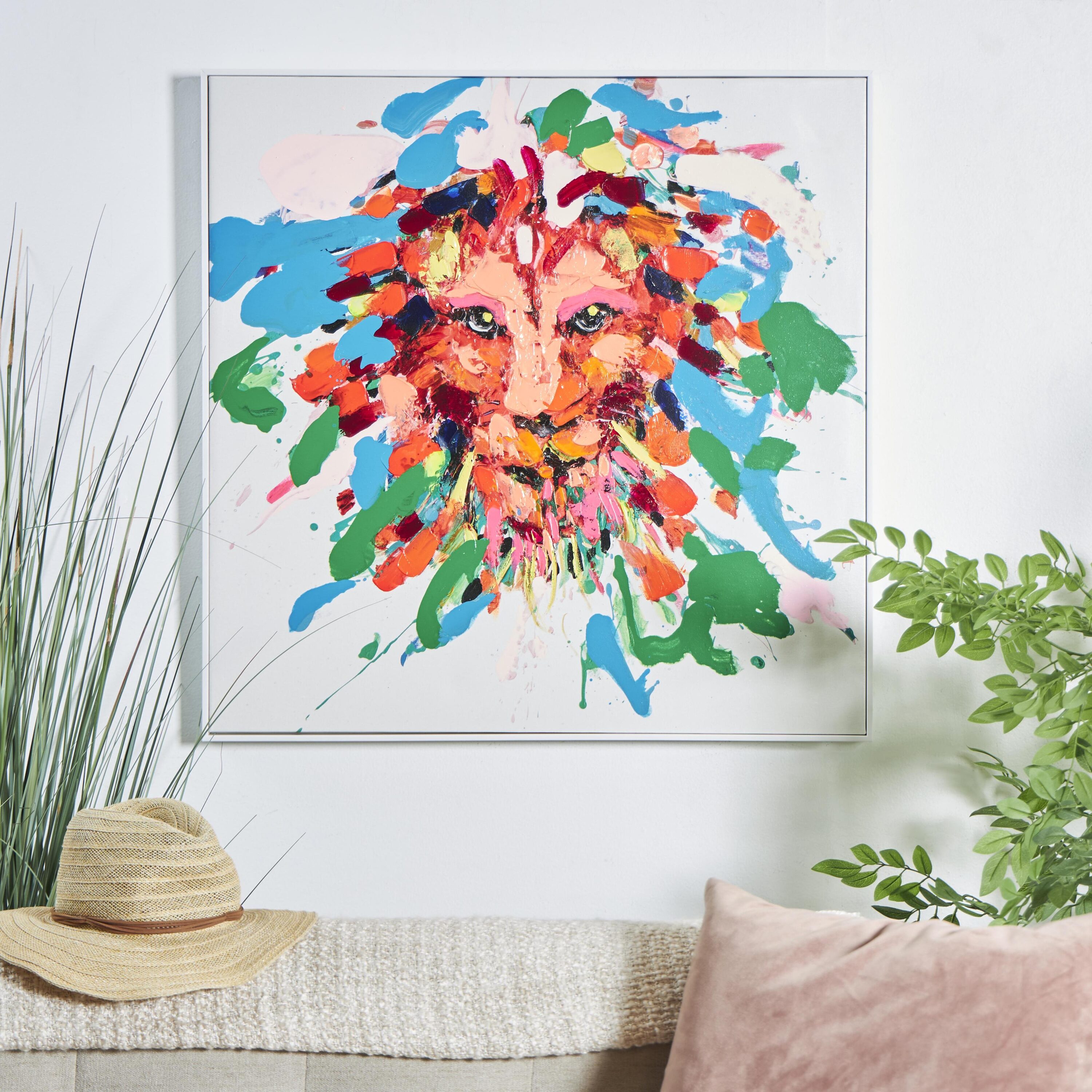 CosmoLiving by Cosmopolitan 821057 32 In. x 32 In. Abstract Paint Splatter Wall Art with White Frame Multi Colored Canvas Lion Gray Wood Framed 32.25-in H x 32.25-in W Animals Canvas Painting